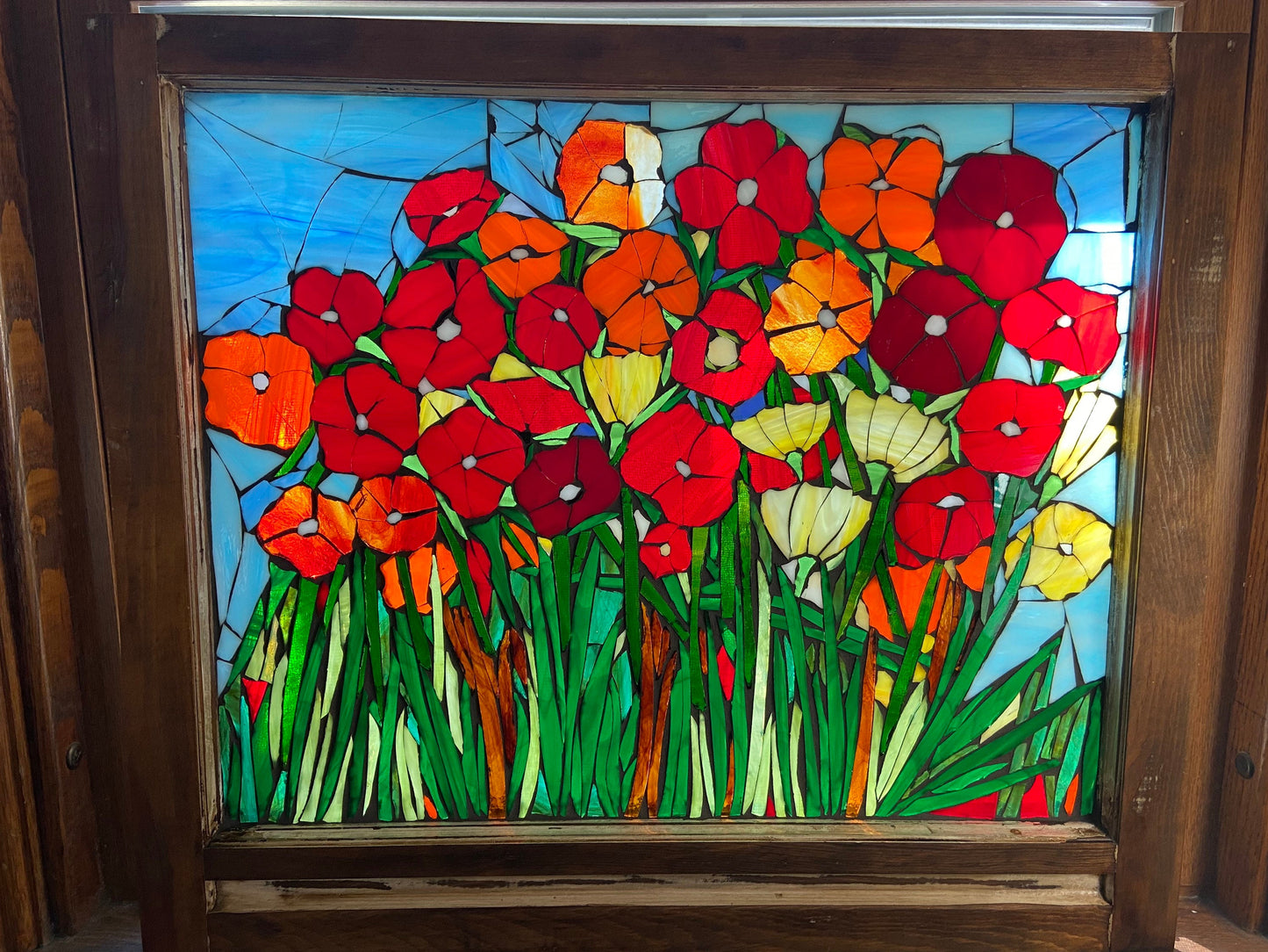 Mosaic poppy window, poppy mosaic, stained glass window, Flower art, California Poppy, stained glass mosaic, poppies garden art, botanicals