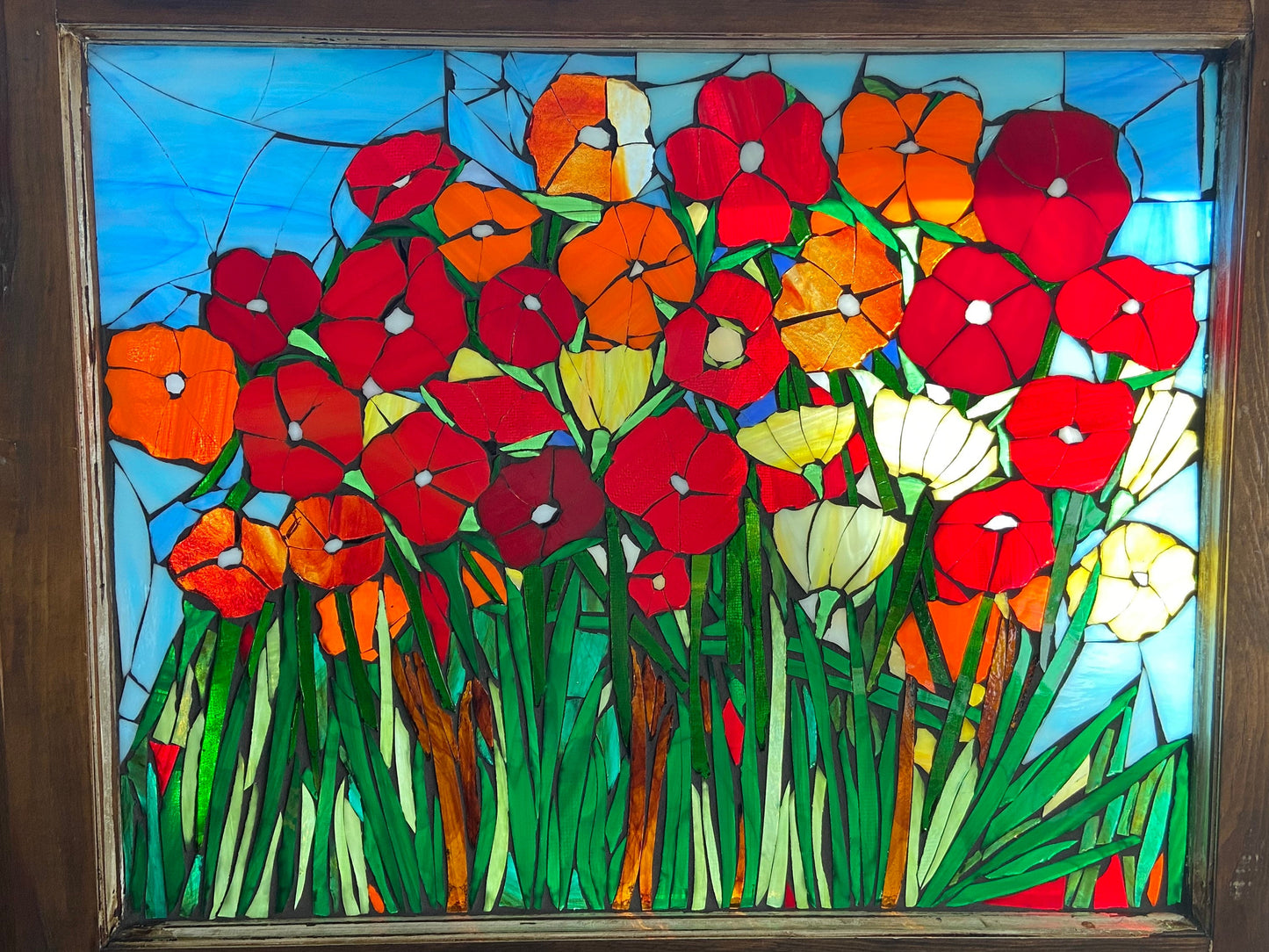Mosaic poppy window, poppy mosaic, stained glass window, Flower art, California Poppy, stained glass mosaic, poppies garden art, botanicals