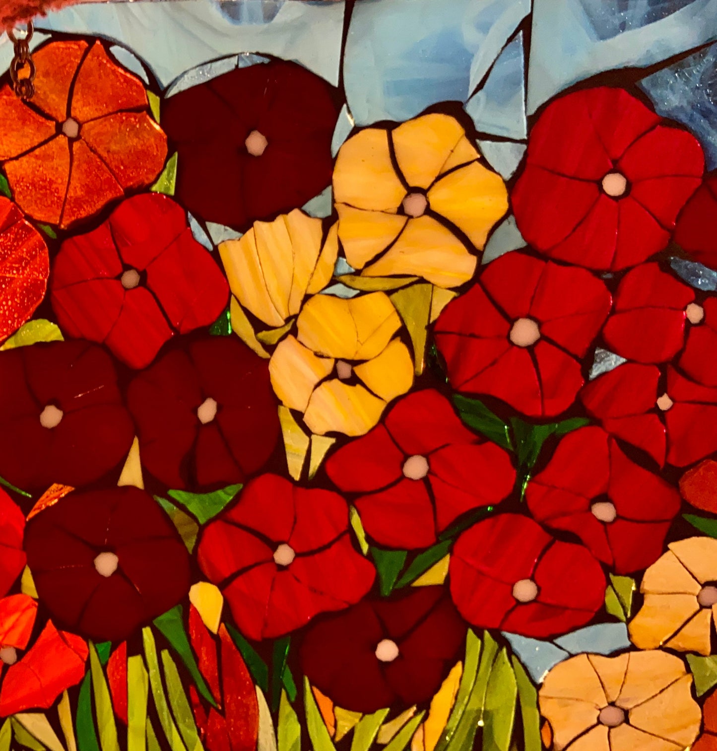 Poppy mosaic window, stained glass window, Flower art, garden art, botanicals, yellow poppies optimism