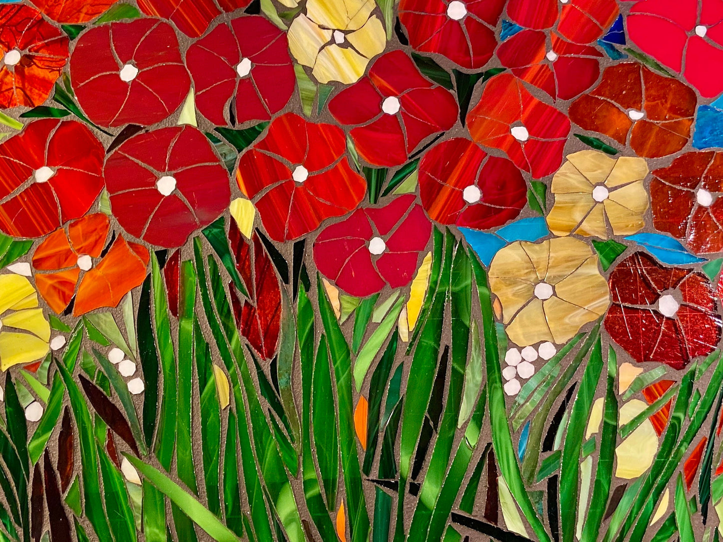 Poppy mosaic window, stained glass window, Flower art, garden art, botanicals, yellow poppies optimism