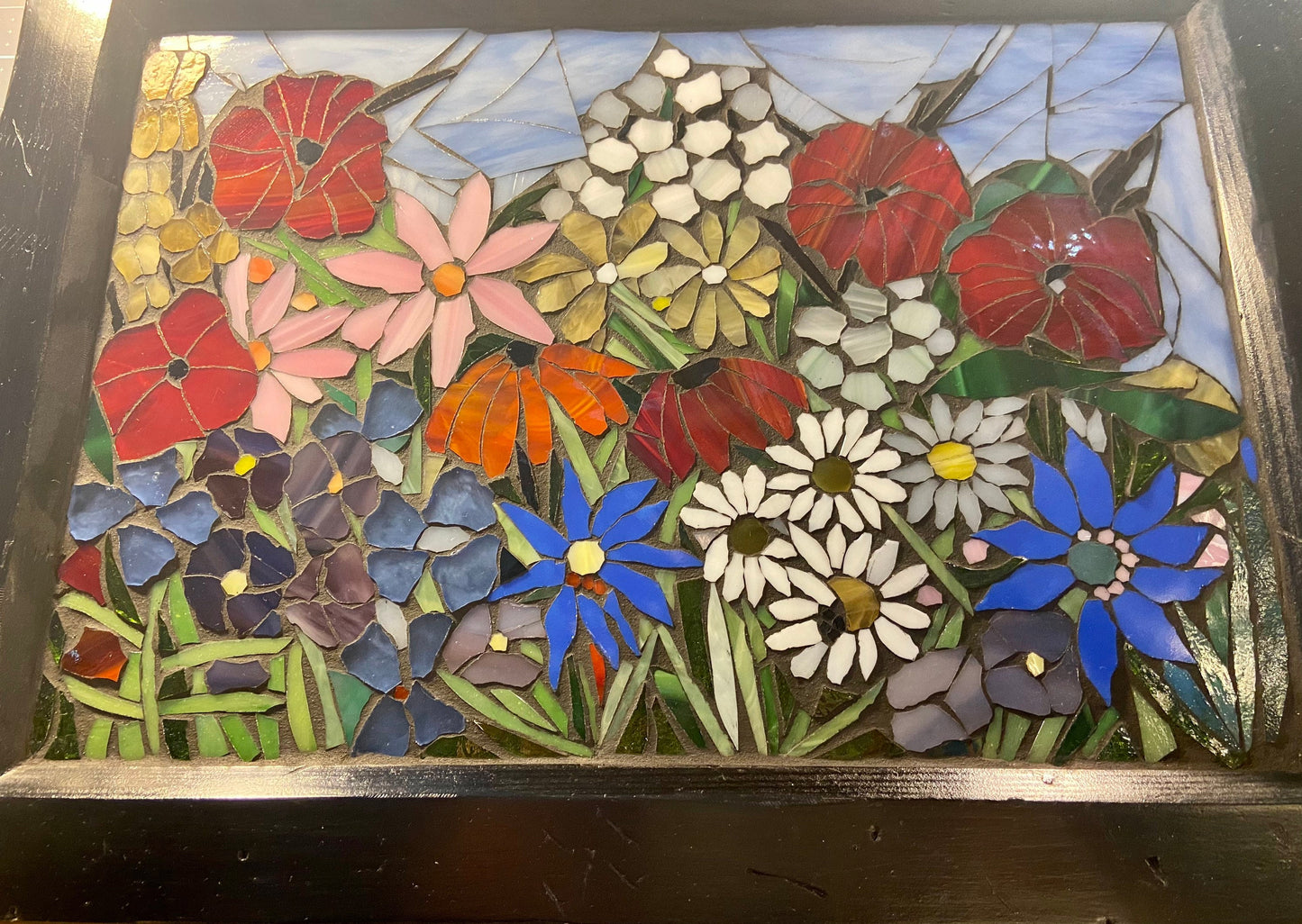 Mixed Flowers stained glass window. Framed hanging glass art. Large garden mosaic wall art. Gift idea for garden lover.