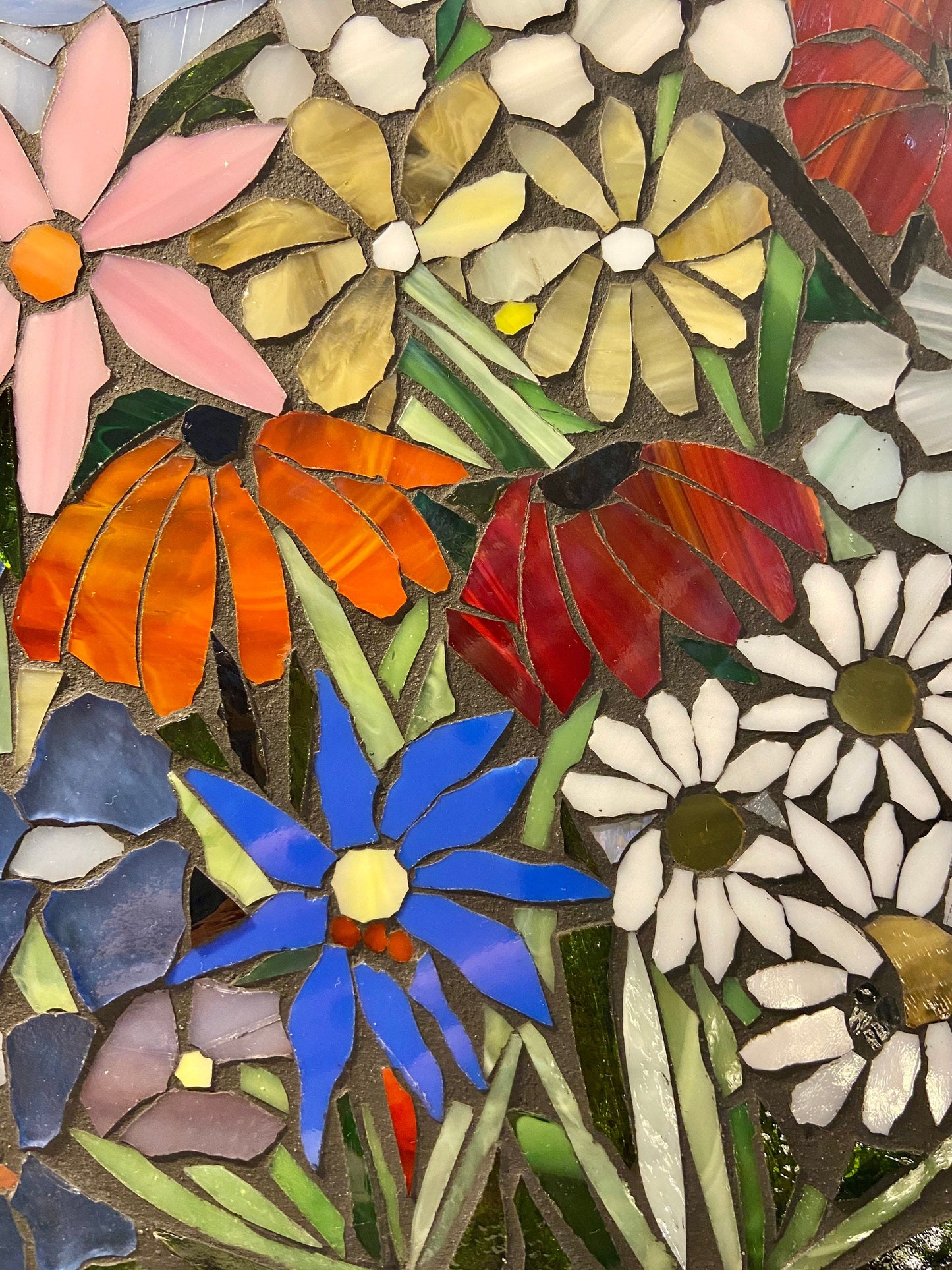 Mixed Flowers stained glass window. Framed hanging glass art. Large garden mosaic wall art. Gift idea for garden lover.