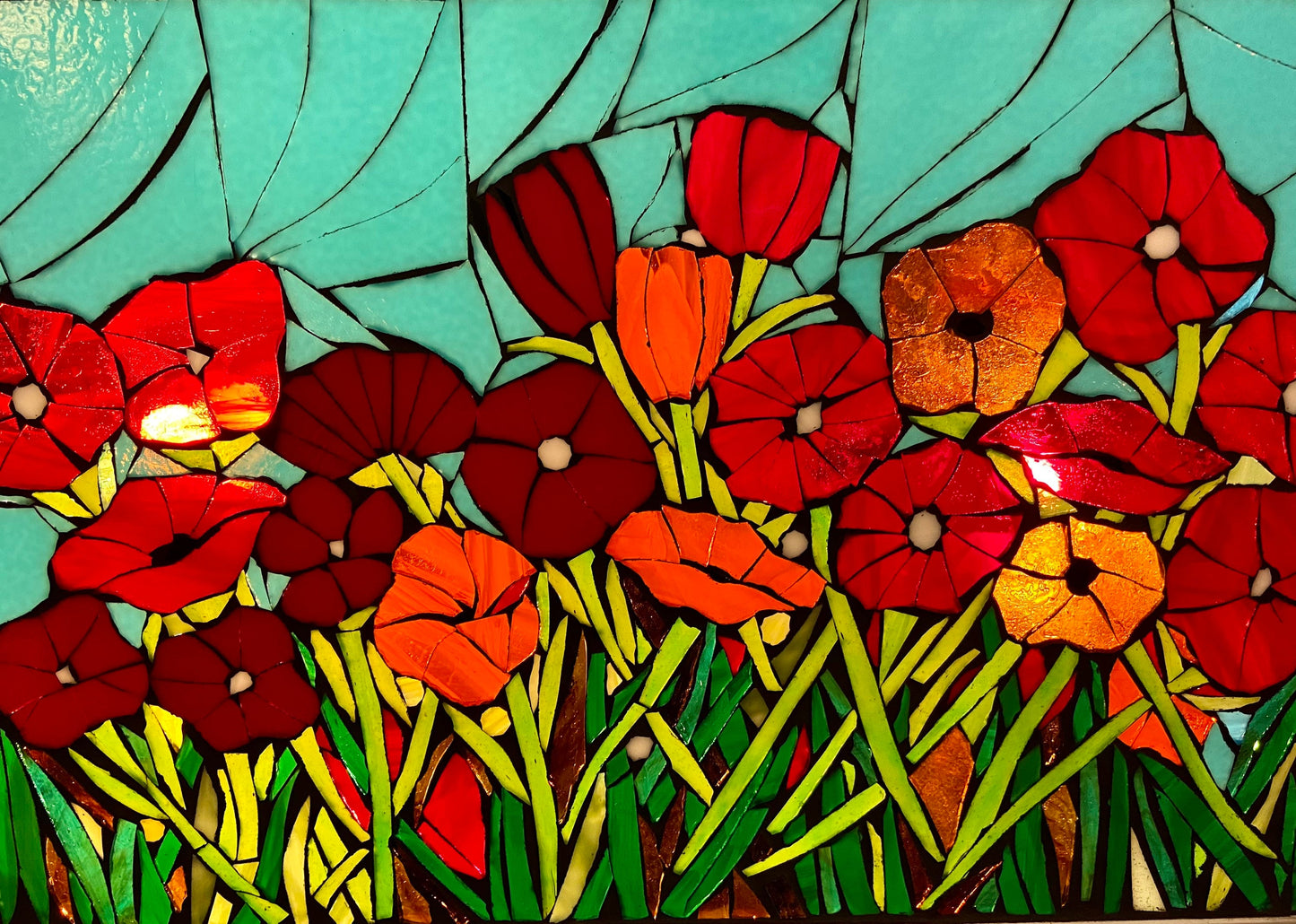 CUSTOM ORDER - Mosaic poppy window, Red stained glass, mosaic art, flower mosaic art, stained glass, stained glass mosaic, poppies wall art.