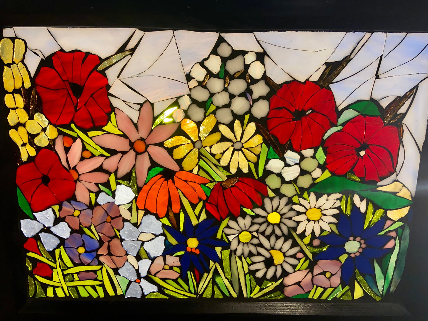Mixed Flowers stained glass window. Framed hanging glass art. Large garden mosaic wall art. Gift idea for garden lover.