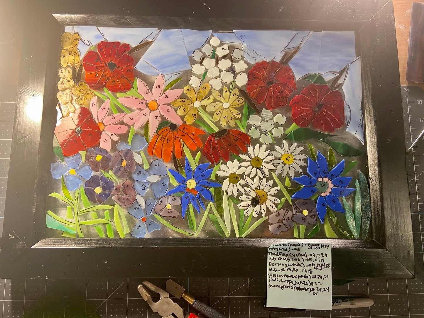 Mixed Flowers stained glass window. Framed hanging glass art. Large garden mosaic wall art. Gift idea for garden lover.
