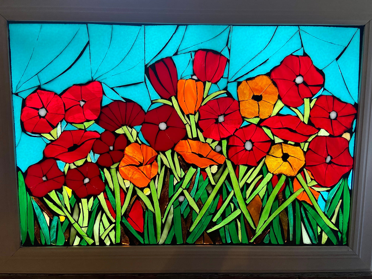 CUSTOM ORDER - Mosaic poppy window, Red stained glass, mosaic art, flower mosaic art, stained glass, stained glass mosaic, poppies wall art.