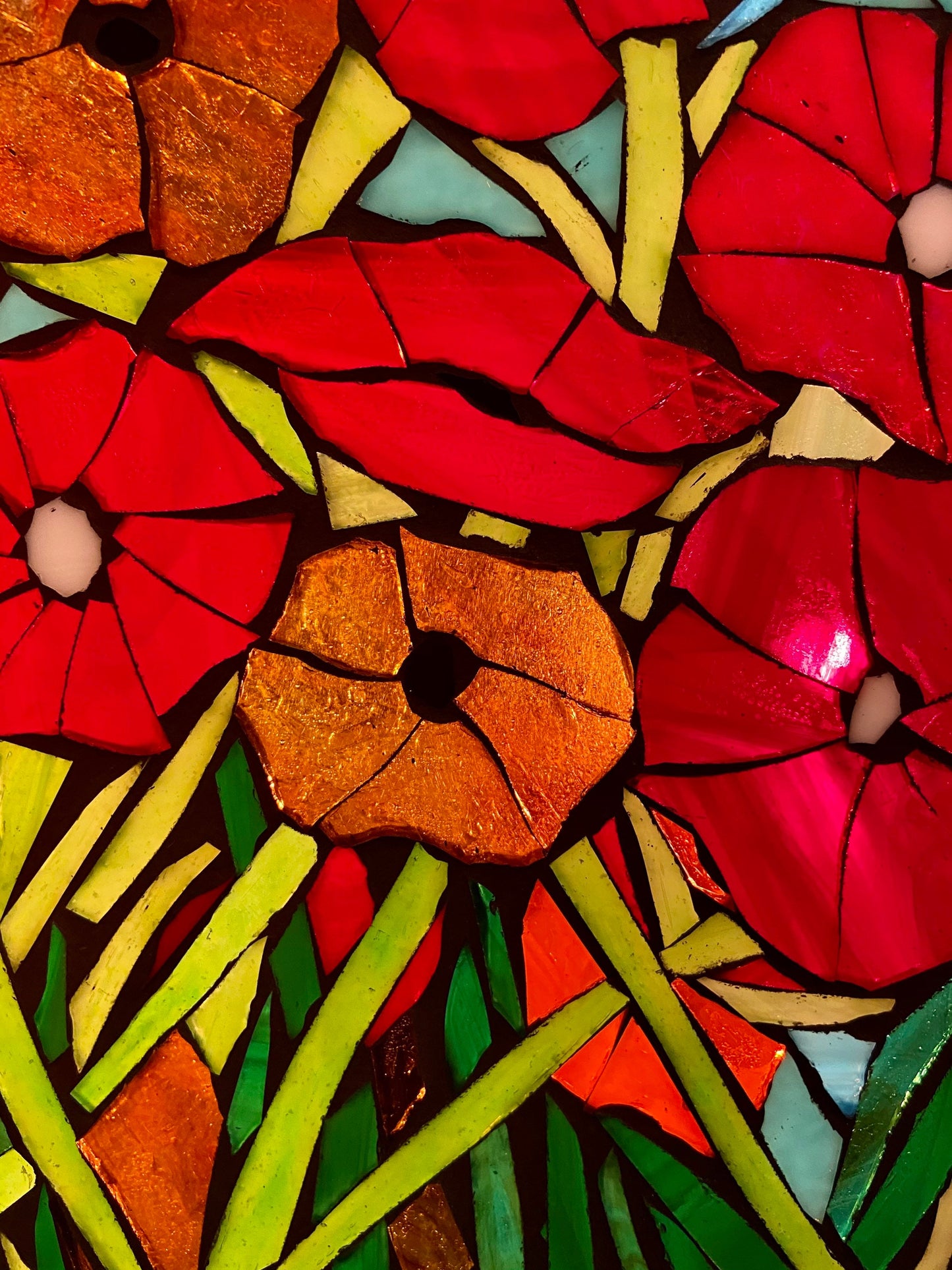 CUSTOM ORDER - Mosaic poppy window, Red stained glass, mosaic art, flower mosaic art, stained glass, stained glass mosaic, poppies wall art.