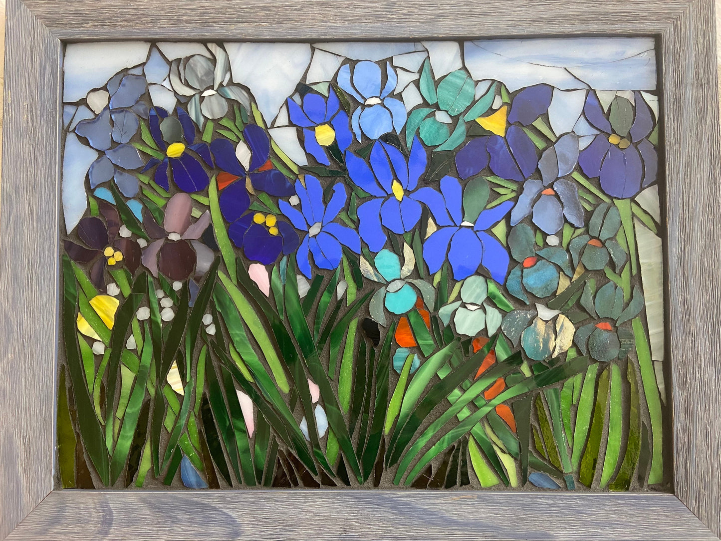 Mixed Irises stained glass window. Framed hanging glass art. Large garden mosaic wall art. Gift idea for garden lover.