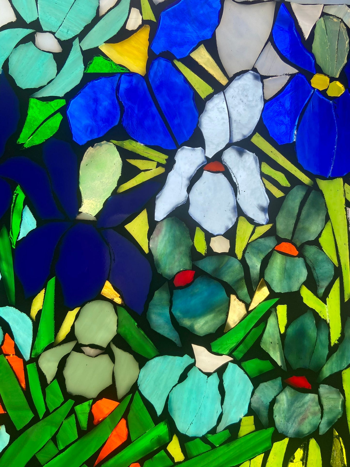 Mixed Irises stained glass window. Framed hanging glass art. Large garden mosaic wall art. Gift idea for garden lover.