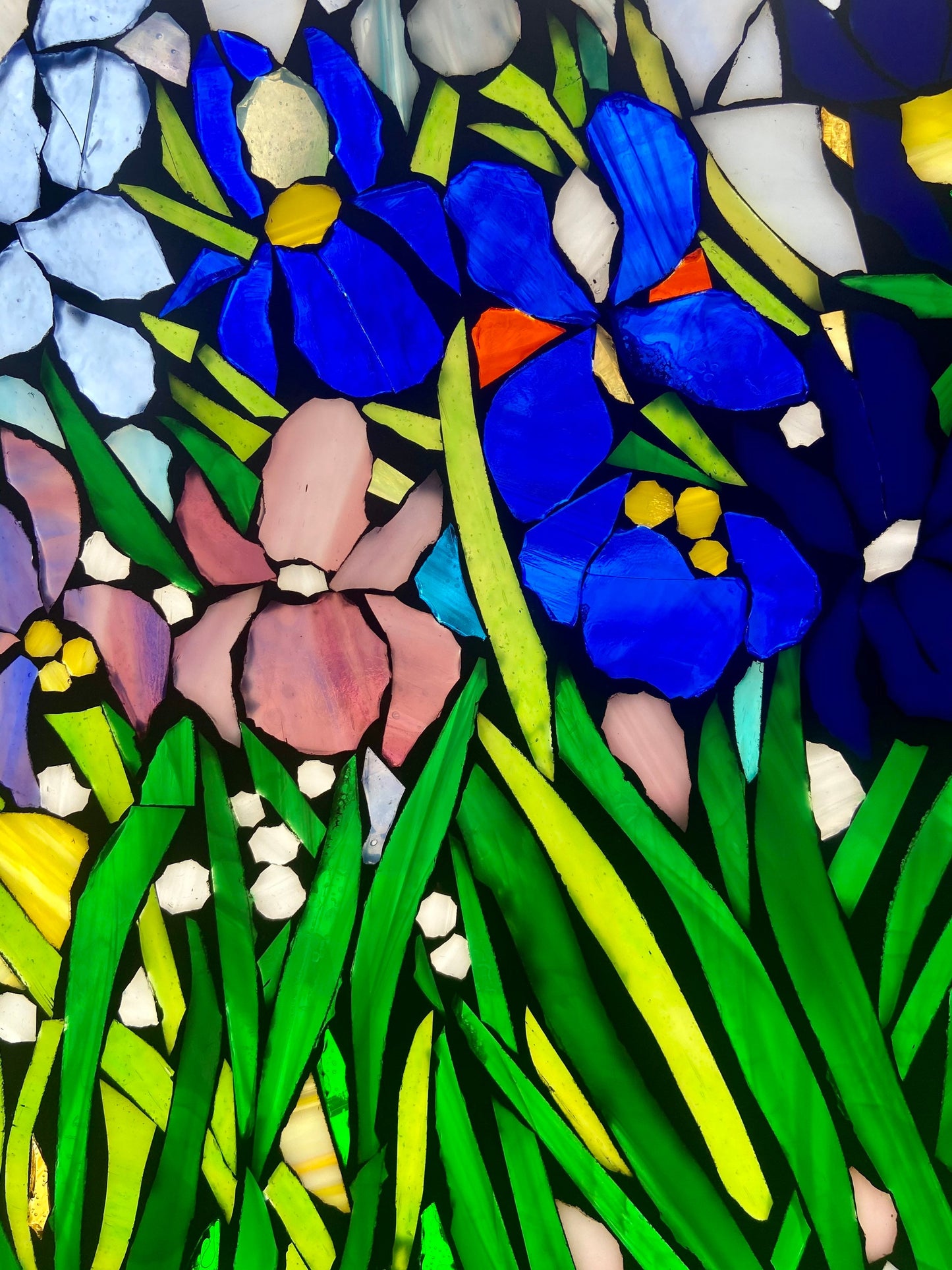 Mixed Irises stained glass window. Framed hanging glass art. Large garden mosaic wall art. Gift idea for garden lover.