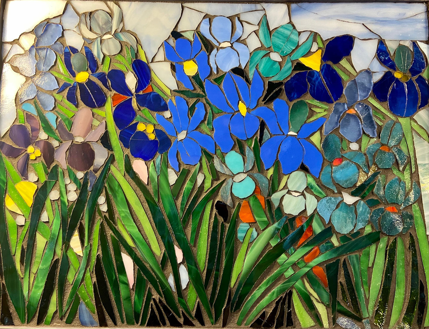 Mixed Irises stained glass window. Framed hanging glass art. Large garden mosaic wall art. Gift idea for garden lover.