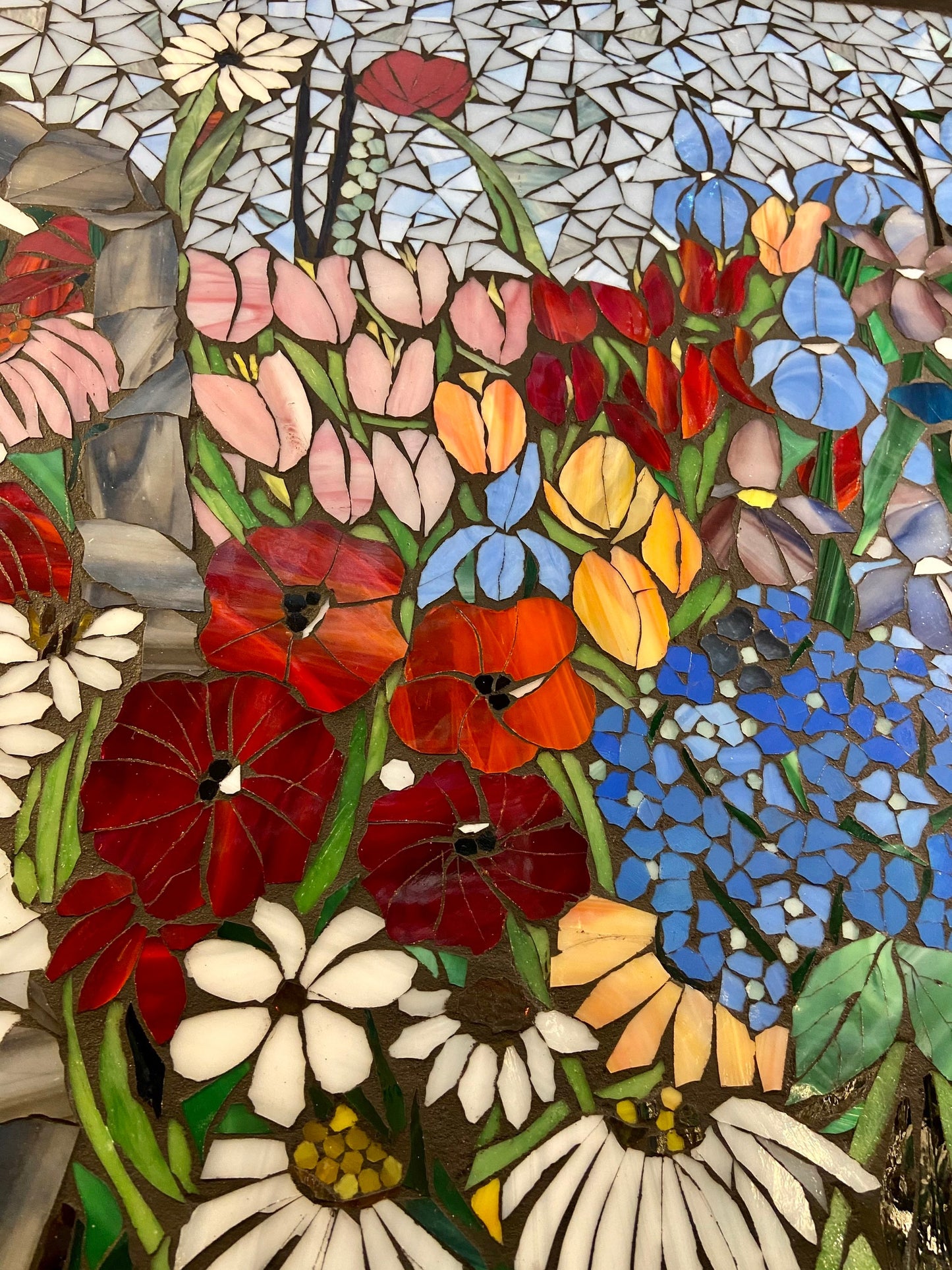 Mixed Flower Garden stained glass window. Framed hanging glass art. Large garden mosaic wall art. Gift idea for garden lover.