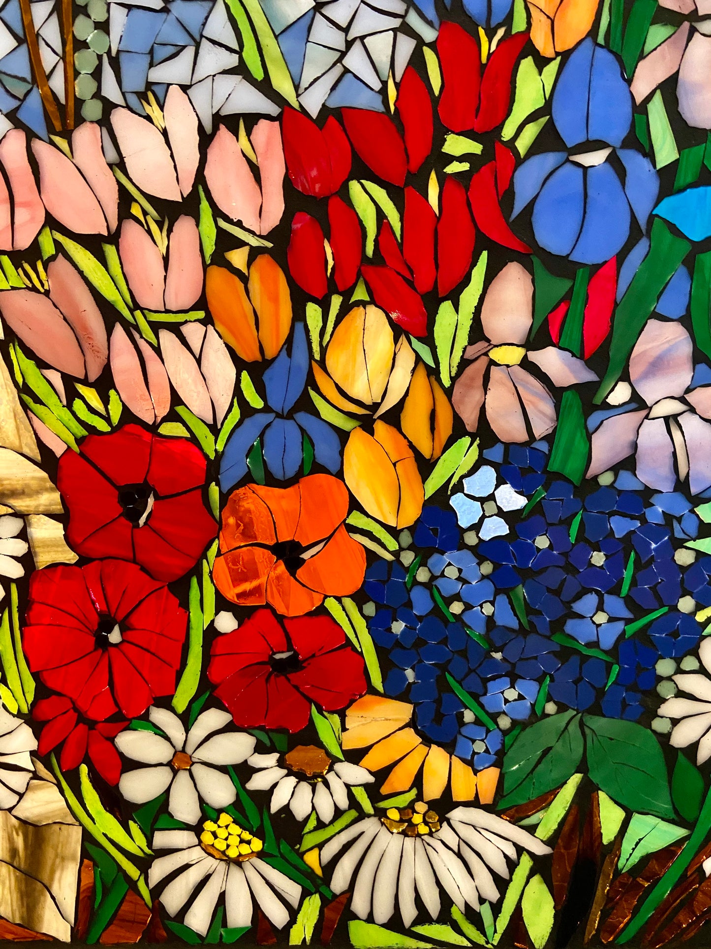 Mixed Flower Garden stained glass window. Framed hanging glass art. Large garden mosaic wall art. Gift idea for garden lover.