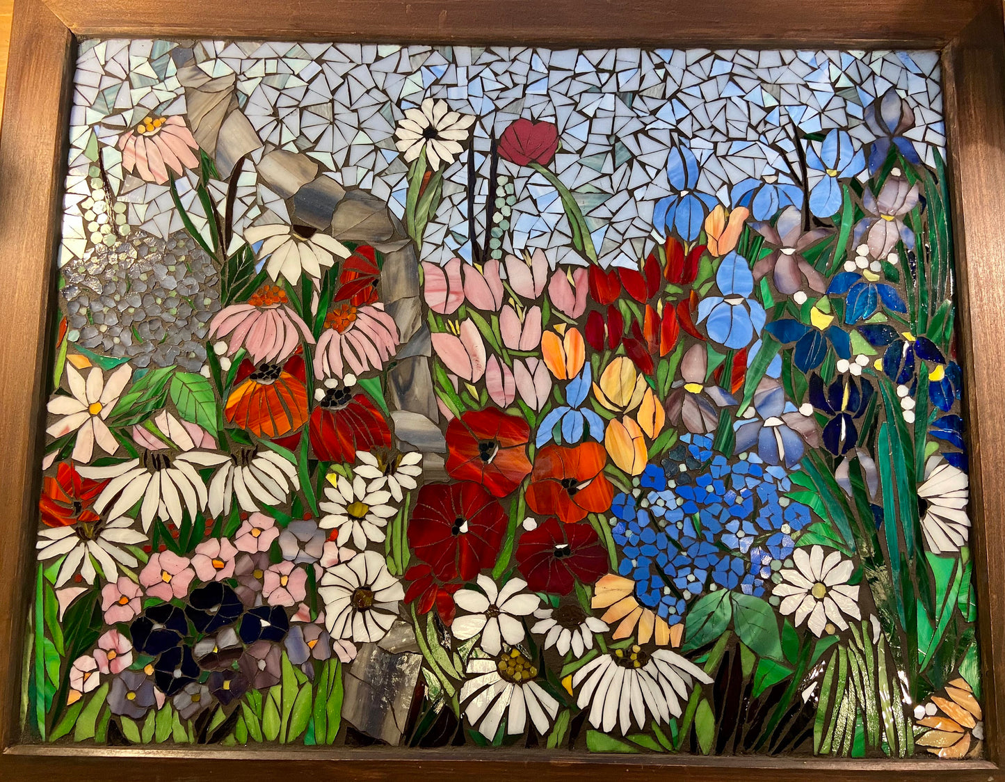 Mixed Flower Garden stained glass window. Framed hanging glass art. Large garden mosaic wall art. Gift idea for garden lover.