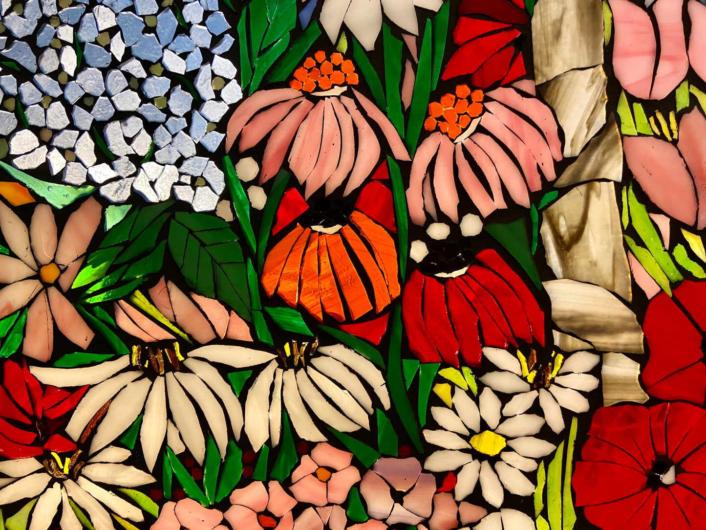 Mixed Flower Garden stained glass window. Framed hanging glass art. Large garden mosaic wall art. Gift idea for garden lover.