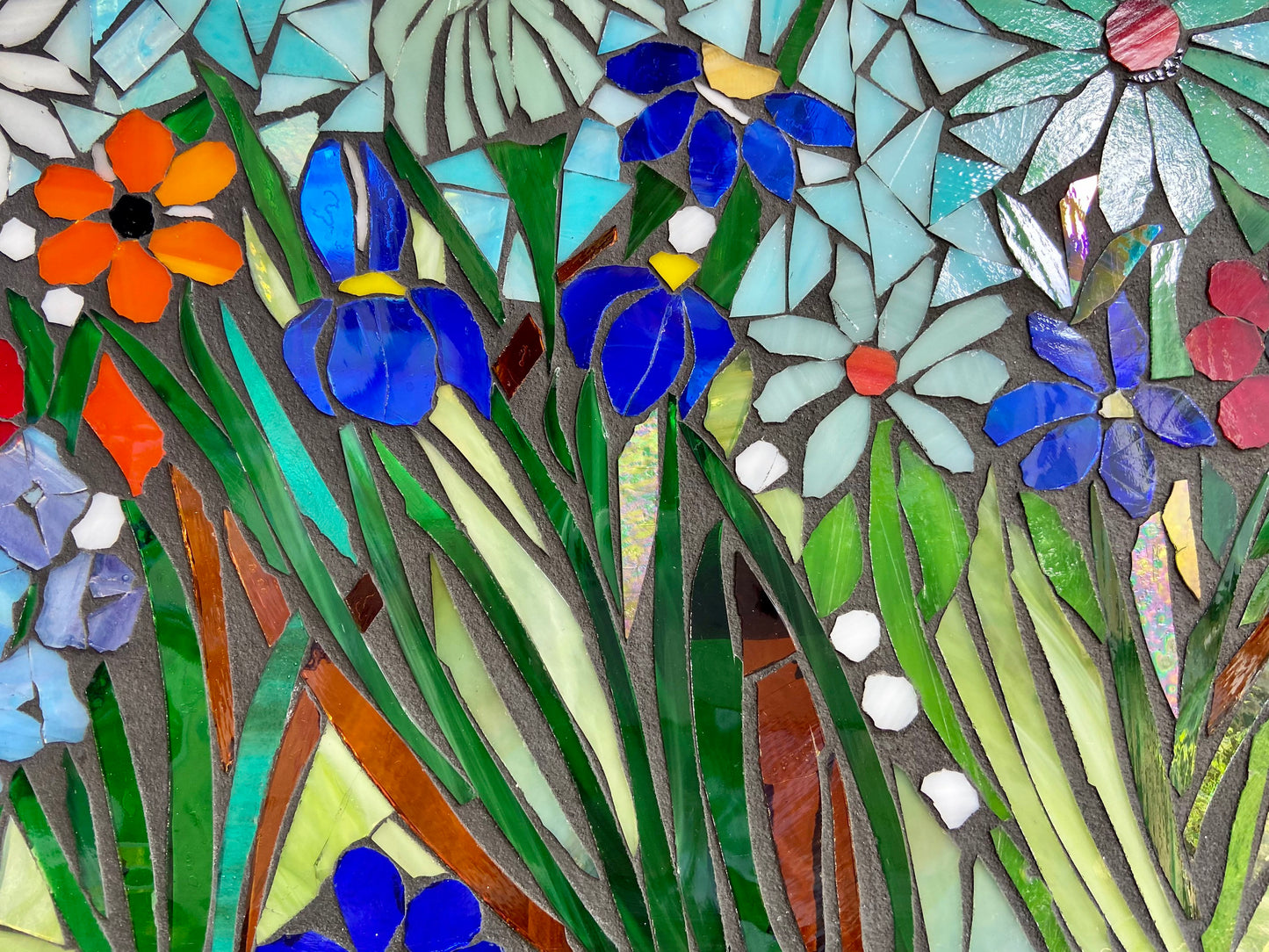 Mixed flower stained glass window. Framed hanging glass art. Large garden mosaic wall art. Blue art.