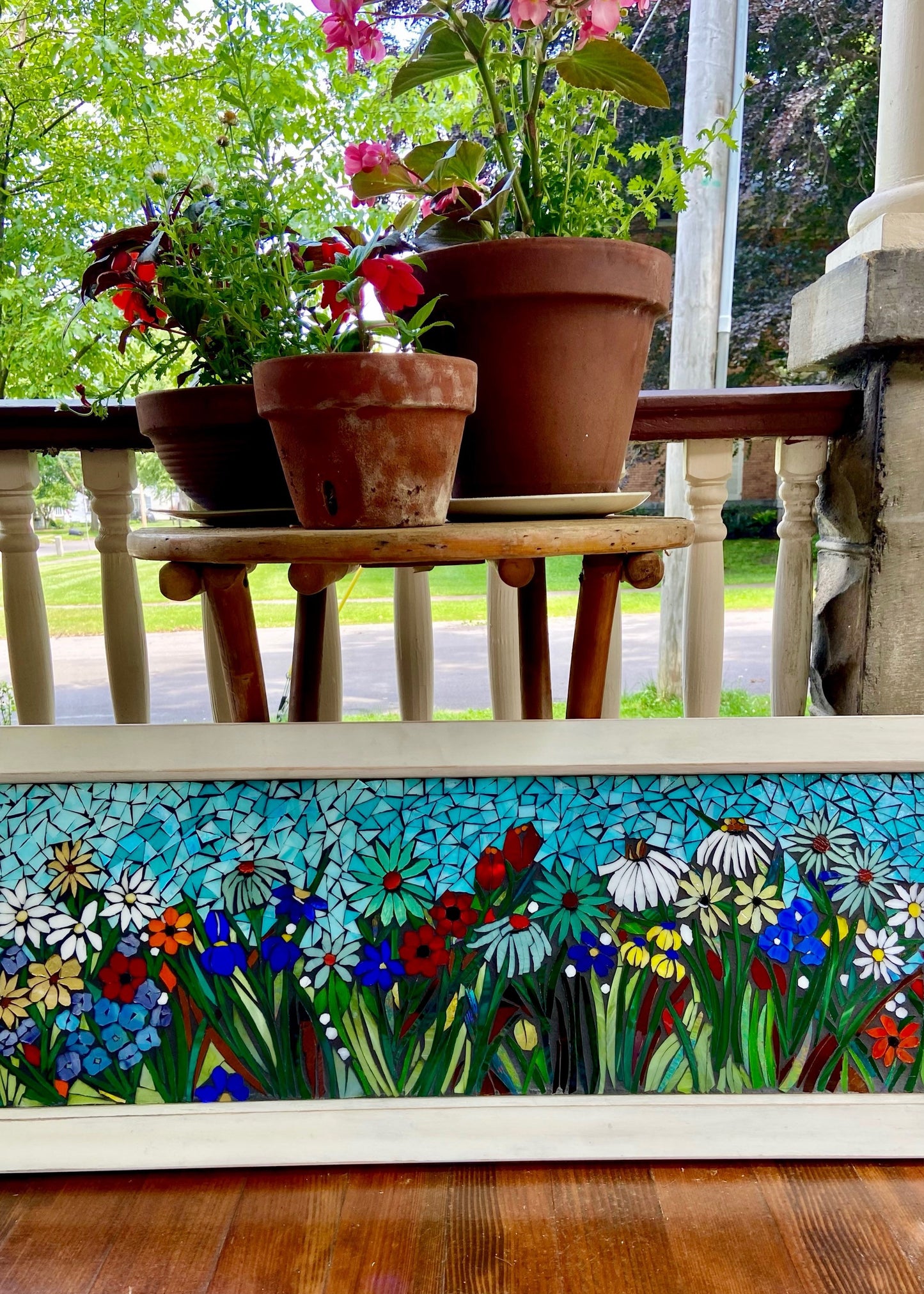 Mixed flower stained glass window. Framed hanging glass art. Large garden mosaic wall art. Blue art.