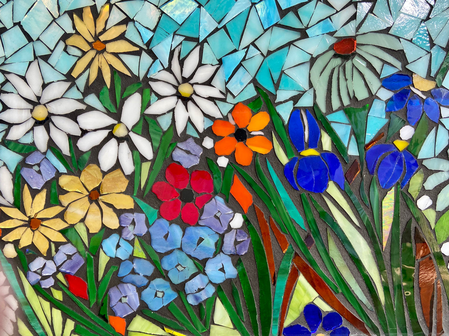 Mixed flower stained glass window. Framed hanging glass art. Large garden mosaic wall art. Blue art.