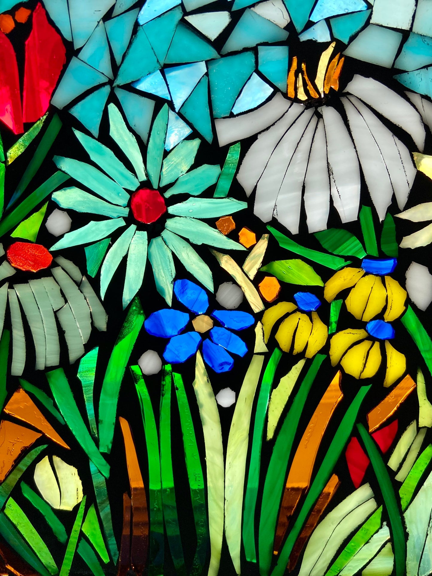 Mixed flower stained glass window. Framed hanging glass art. Large garden mosaic wall art. Blue art.
