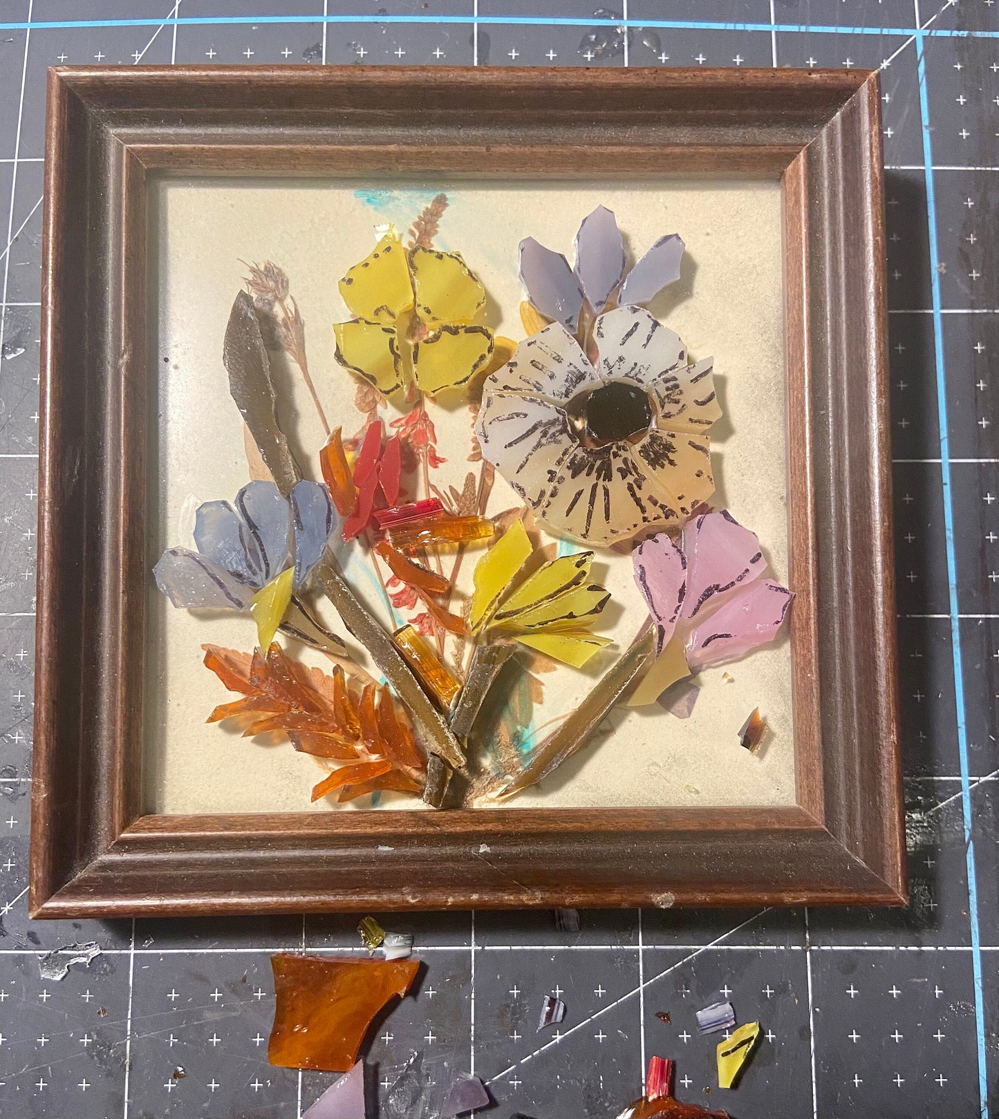 Small framed art. Stained glass flower mosaic. Flower wall art. Hand cut glass and broken tesserae. Gift idea for a garden lover.