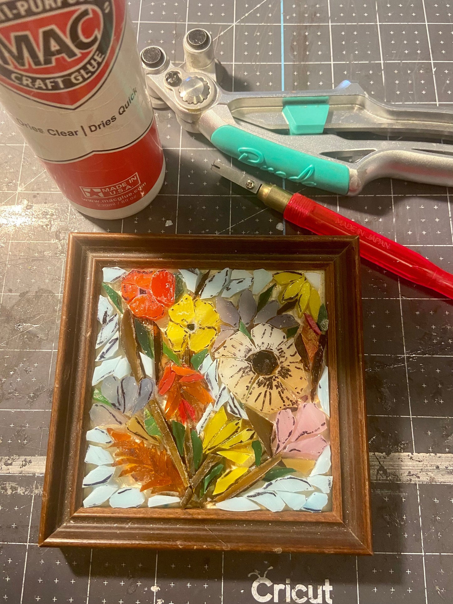 Small framed art. Stained glass flower mosaic. Flower wall art. Hand cut glass and broken tesserae. Gift idea for a garden lover.