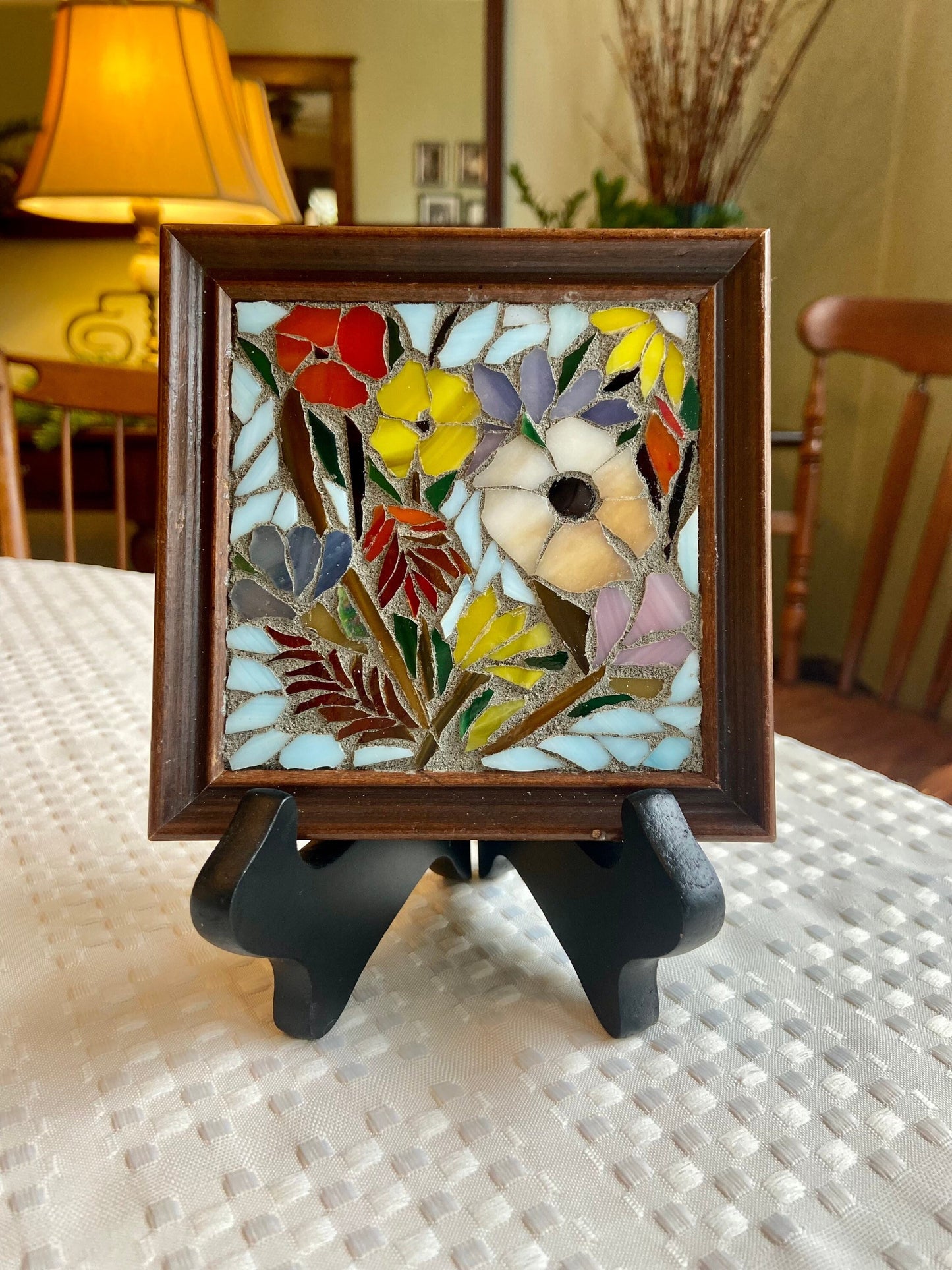 Small framed art. Stained glass flower mosaic. Flower wall art. Hand cut glass and broken tesserae. Gift idea for a garden lover.