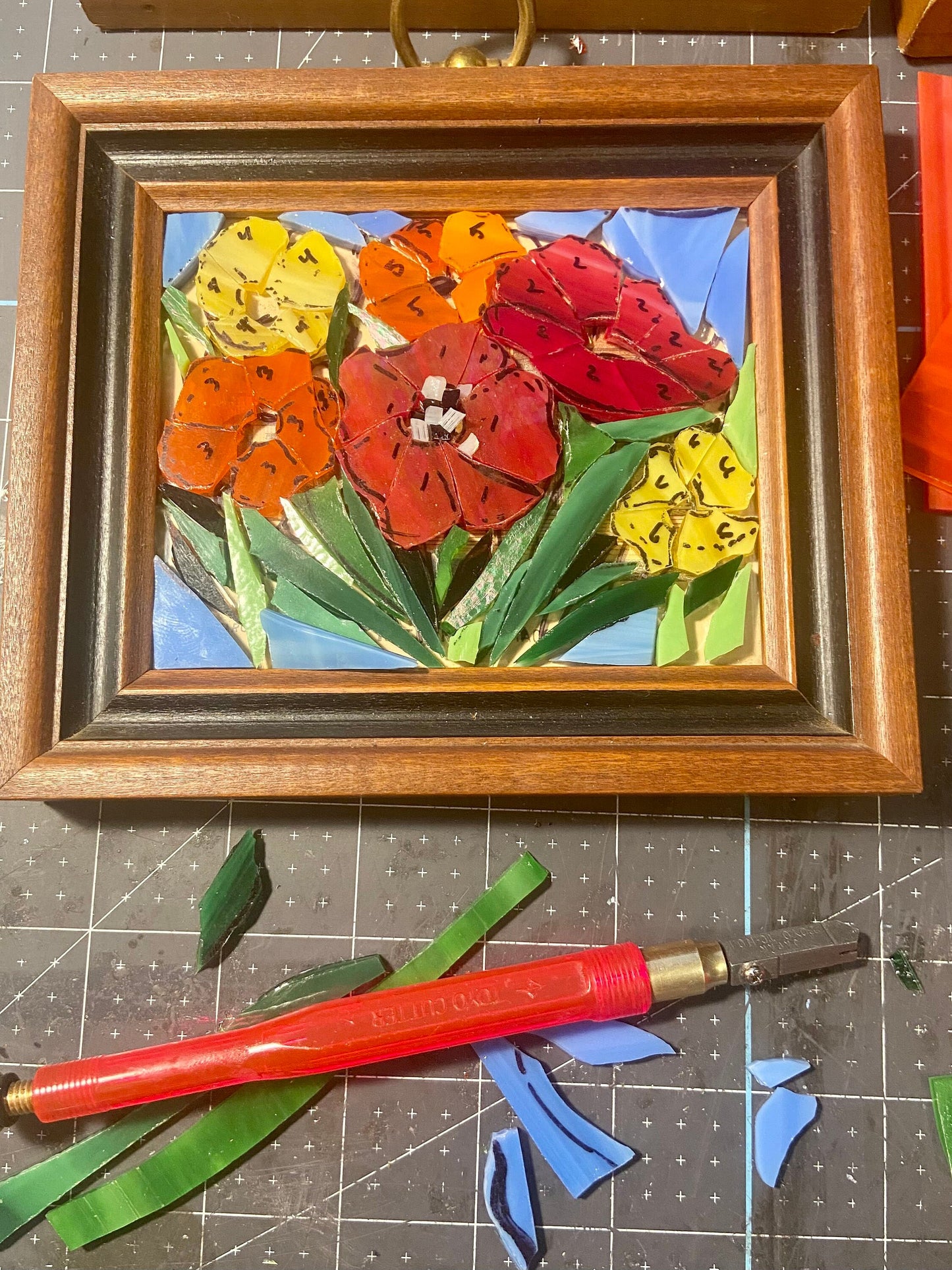 Small framed art. Stained glass mixed flower mosaic. Flower wall art. Hand cut glass and broken tesserae. Gift idea for a poppy lover.