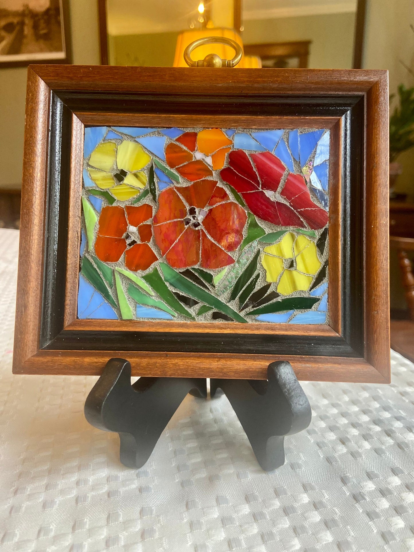 Small framed art. Stained glass mixed flower mosaic. Flower wall art. Hand cut glass and broken tesserae. Gift idea for a poppy lover.