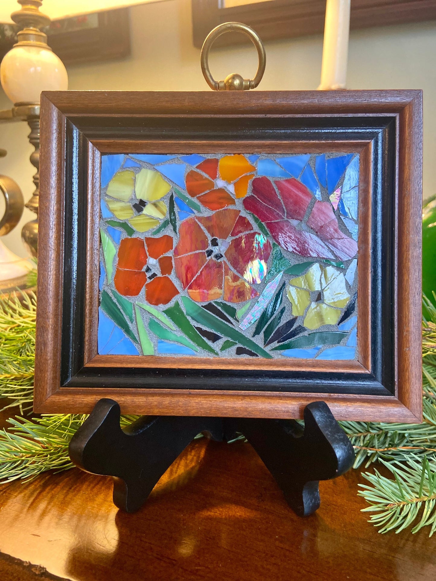 Small framed art. Stained glass mixed flower mosaic. Flower wall art. Hand cut glass and broken tesserae. Gift idea for a poppy lover.