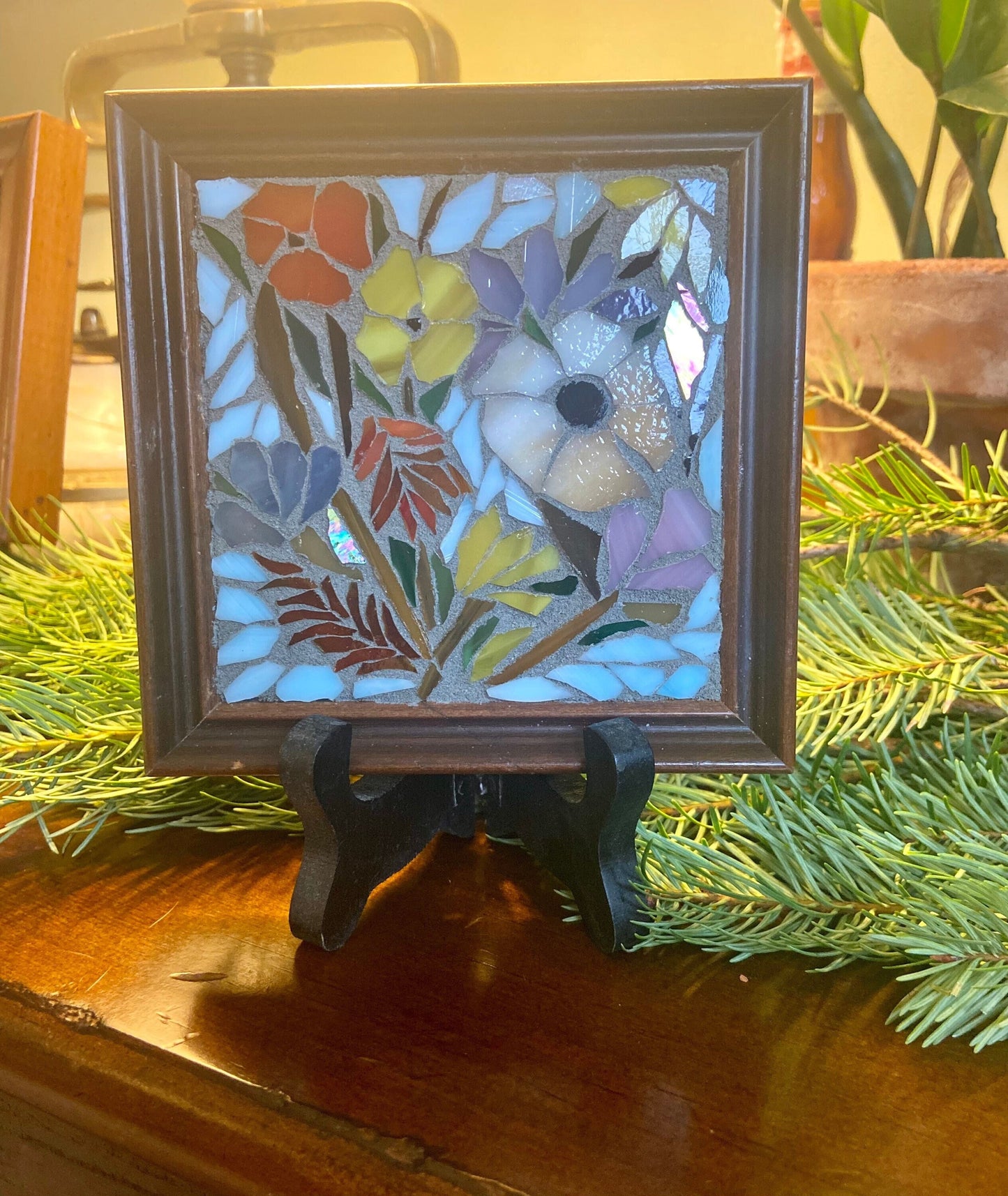 Small framed art. Stained glass flower mosaic. Flower wall art. Hand cut glass and broken tesserae. Gift idea for a garden lover.