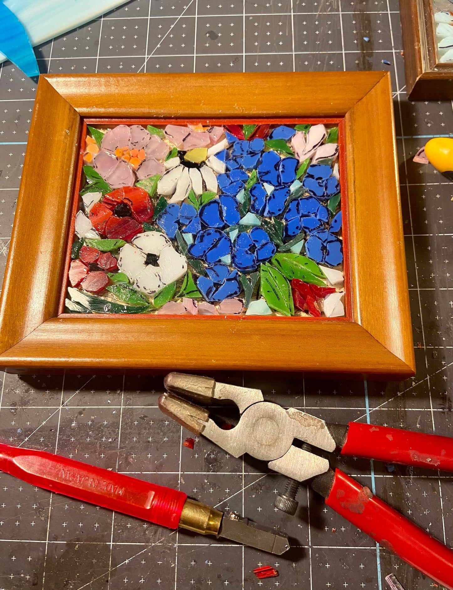 Small framed art. Stained glass mixed flower mosaic. Flower wall art. Hand cut glass and broken tesserae. Gift idea for a garden lover.