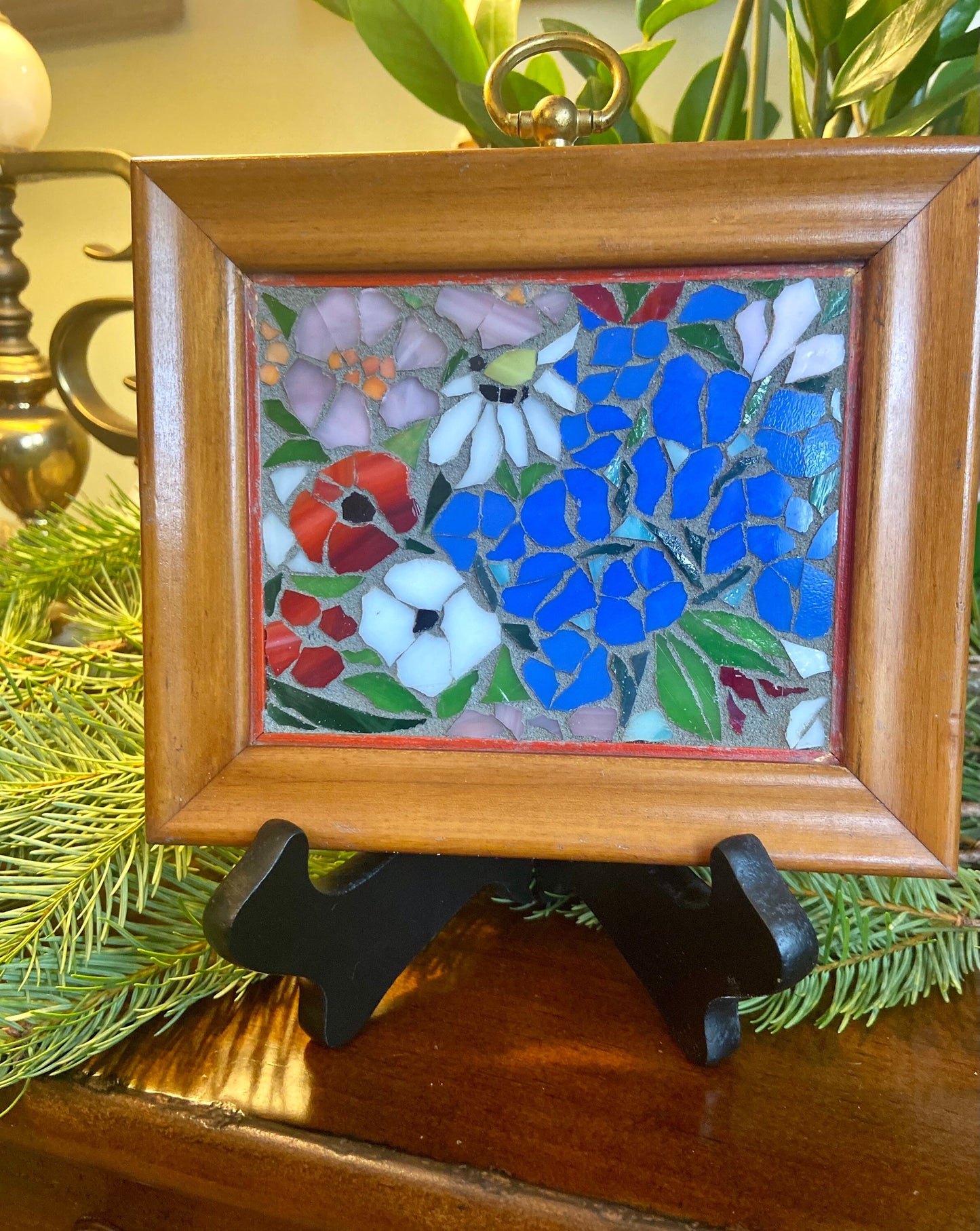 Small framed art. Stained glass mixed flower mosaic. Flower wall art. Hand cut glass and broken tesserae. Gift idea for a garden lover.