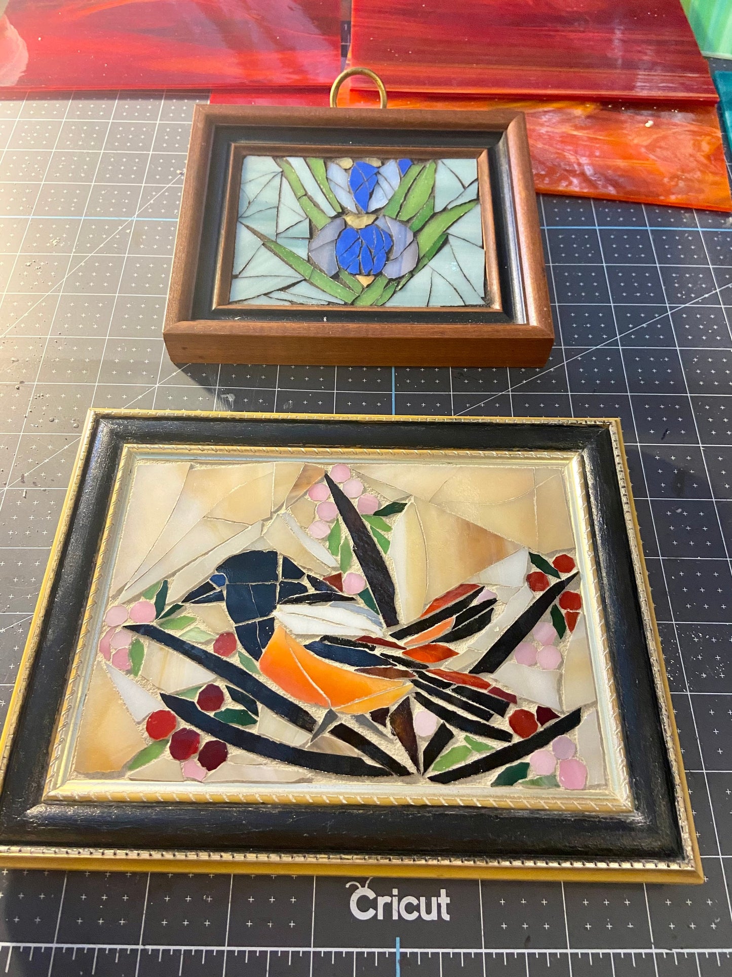 Small framed Iris mosaic. Stained glass flower. Antique frame. Flower wall art. Hand cut glass and tesserae. Gift idea for a garden lover.