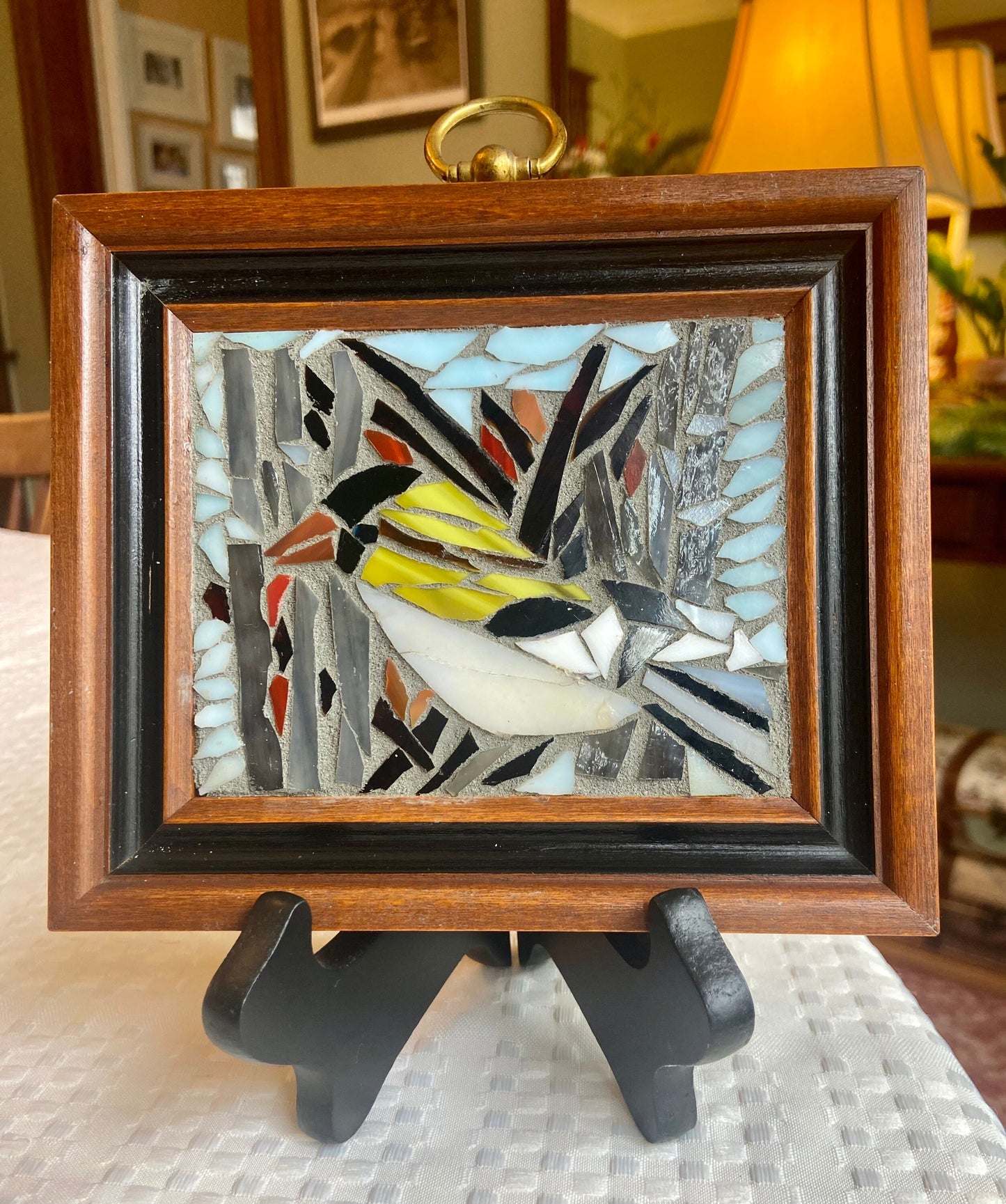Handheld framed stained glass mosaic bird. Small 5"x5" Finch sitting on a tree branch. Gift for a bird watcher. Abstract bird wall art.
