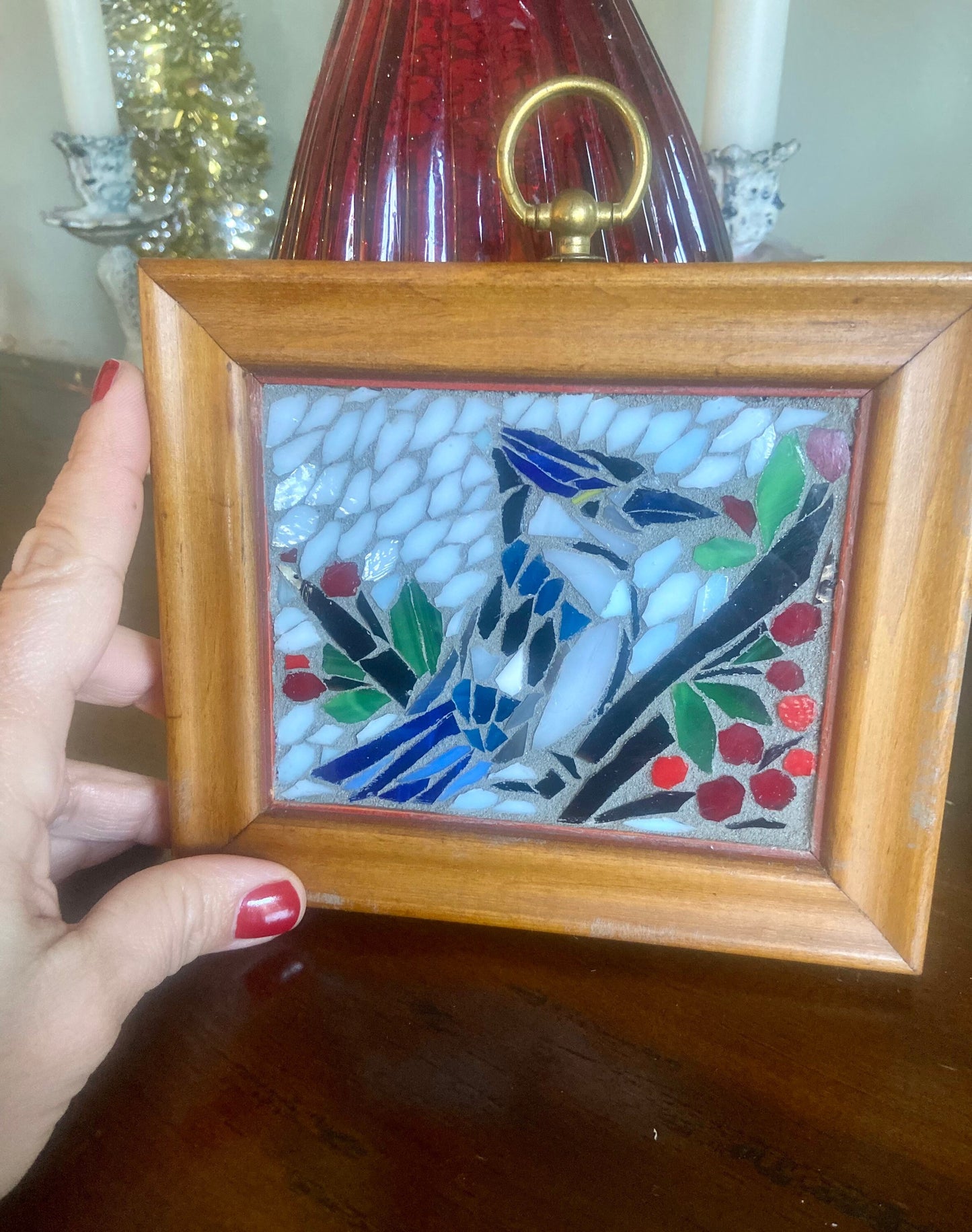 Stained glass mosaic bird. Small antique frame. Blue Jay sitting on a branch with red berries. Abstract bird artwork. Gift for bird watcher.