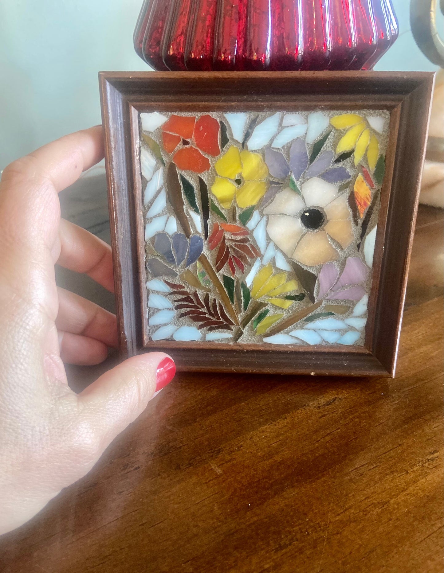 Small framed art. Stained glass flower mosaic. Flower wall art. Hand cut glass and broken tesserae. Gift idea for a garden lover.