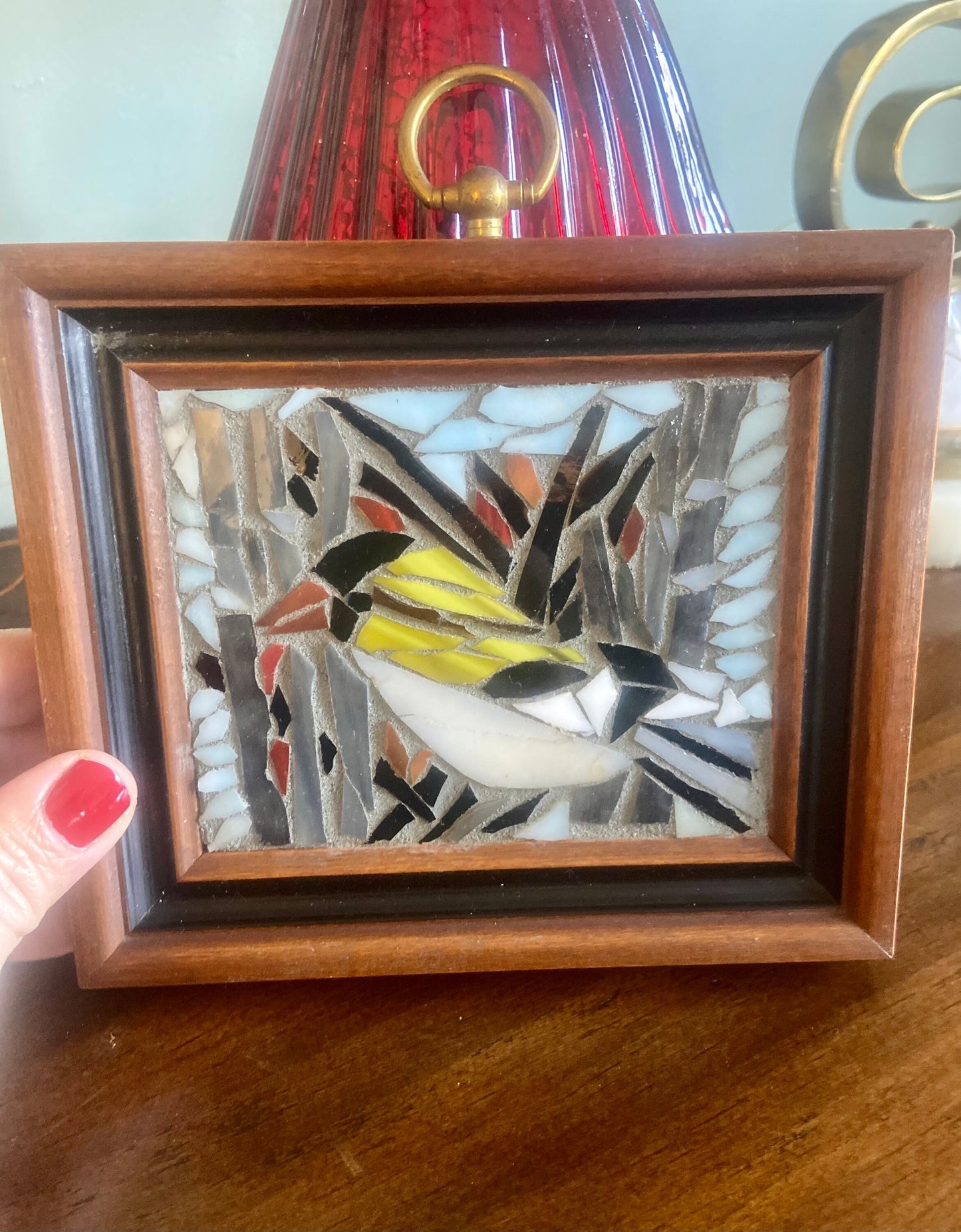 Handheld framed stained glass mosaic bird. Small 5"x5" Finch sitting on a tree branch. Gift for a bird watcher. Abstract bird wall art.