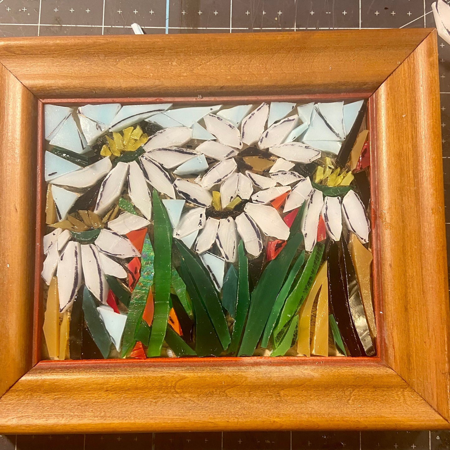 Small framed art. Stained glass flower mosaic. Flower wall art. Hand cut glass and broken tesserae. Gift idea for a daisy lover.