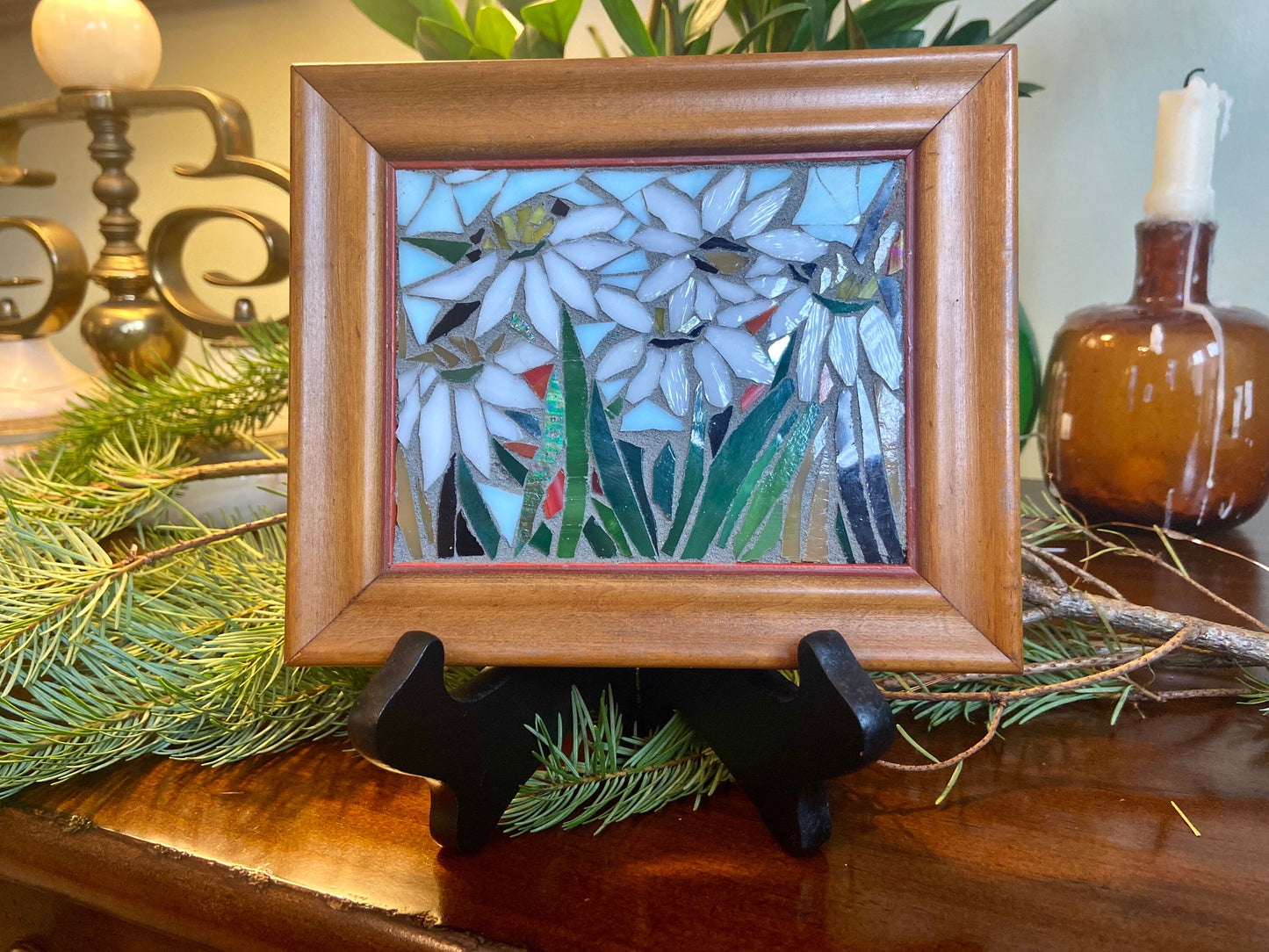 Small framed art. Stained glass flower mosaic. Flower wall art. Hand cut glass and broken tesserae. Gift idea for a daisy lover.