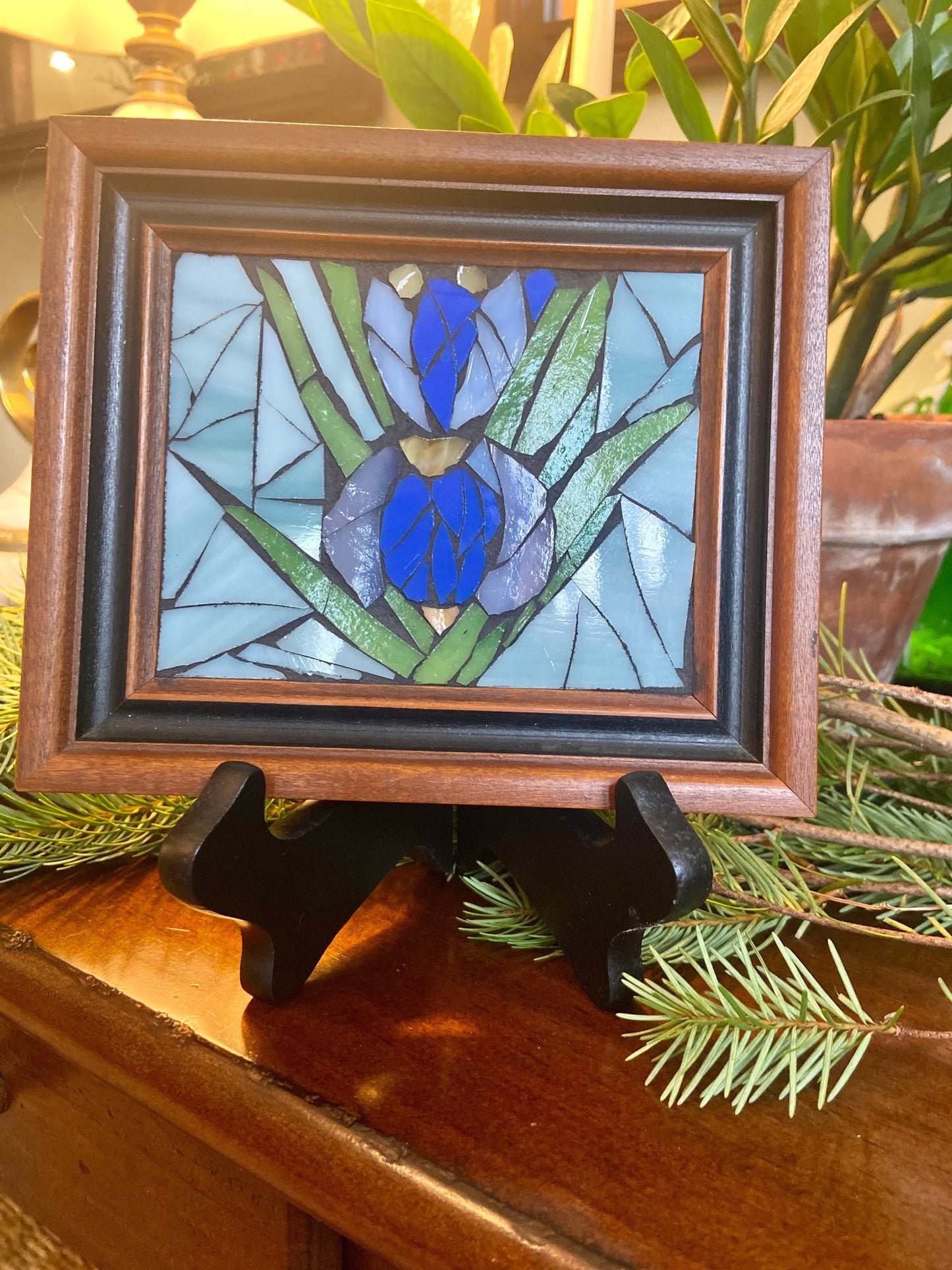 Small framed Iris mosaic. Stained glass flower. Antique frame. Flower wall art. Hand cut glass and tesserae. Gift idea for a garden lover.