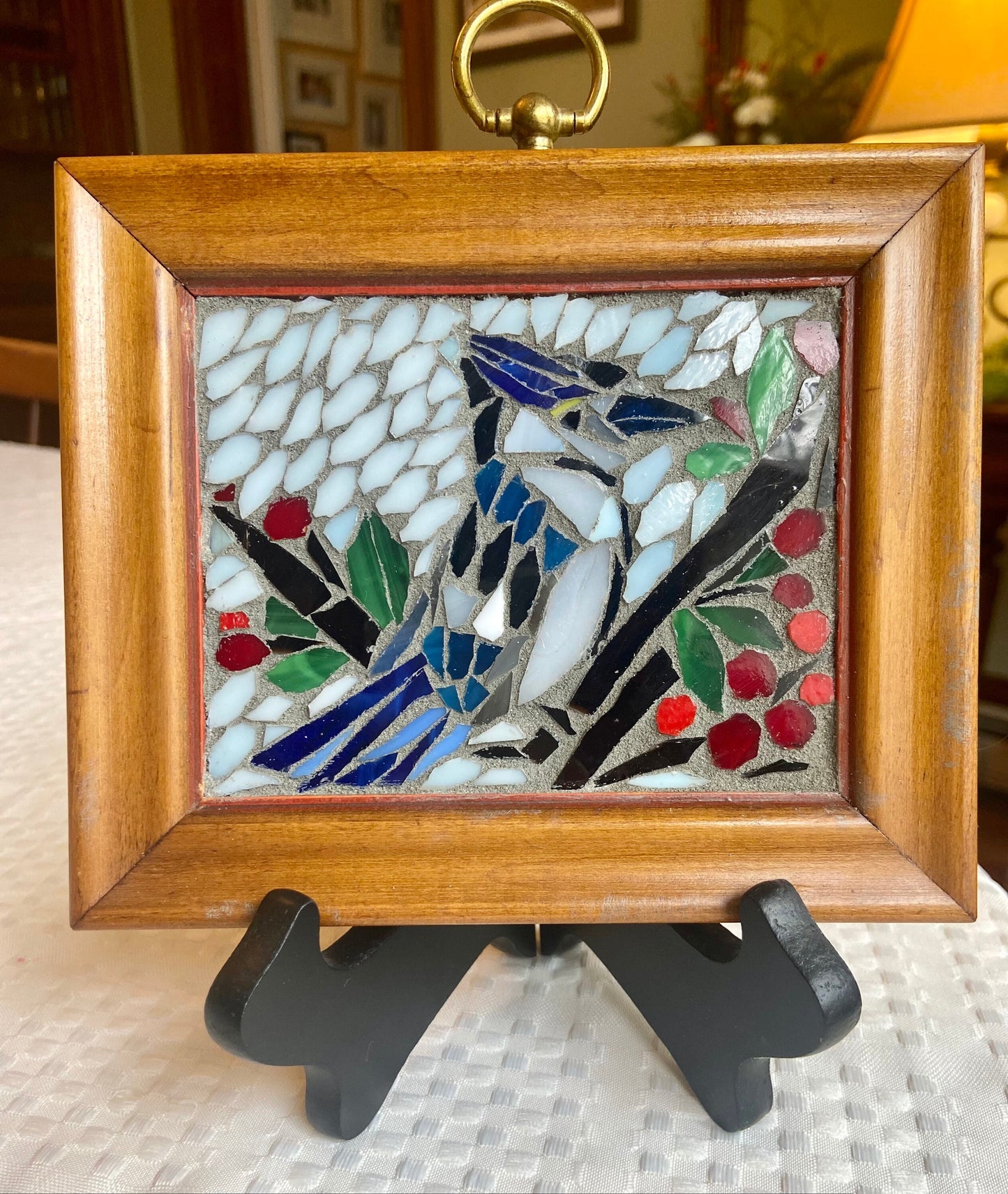 Stained glass mosaic bird. Small antique frame. Blue Jay sitting on a branch with red berries. Abstract bird artwork. Gift for bird watcher.