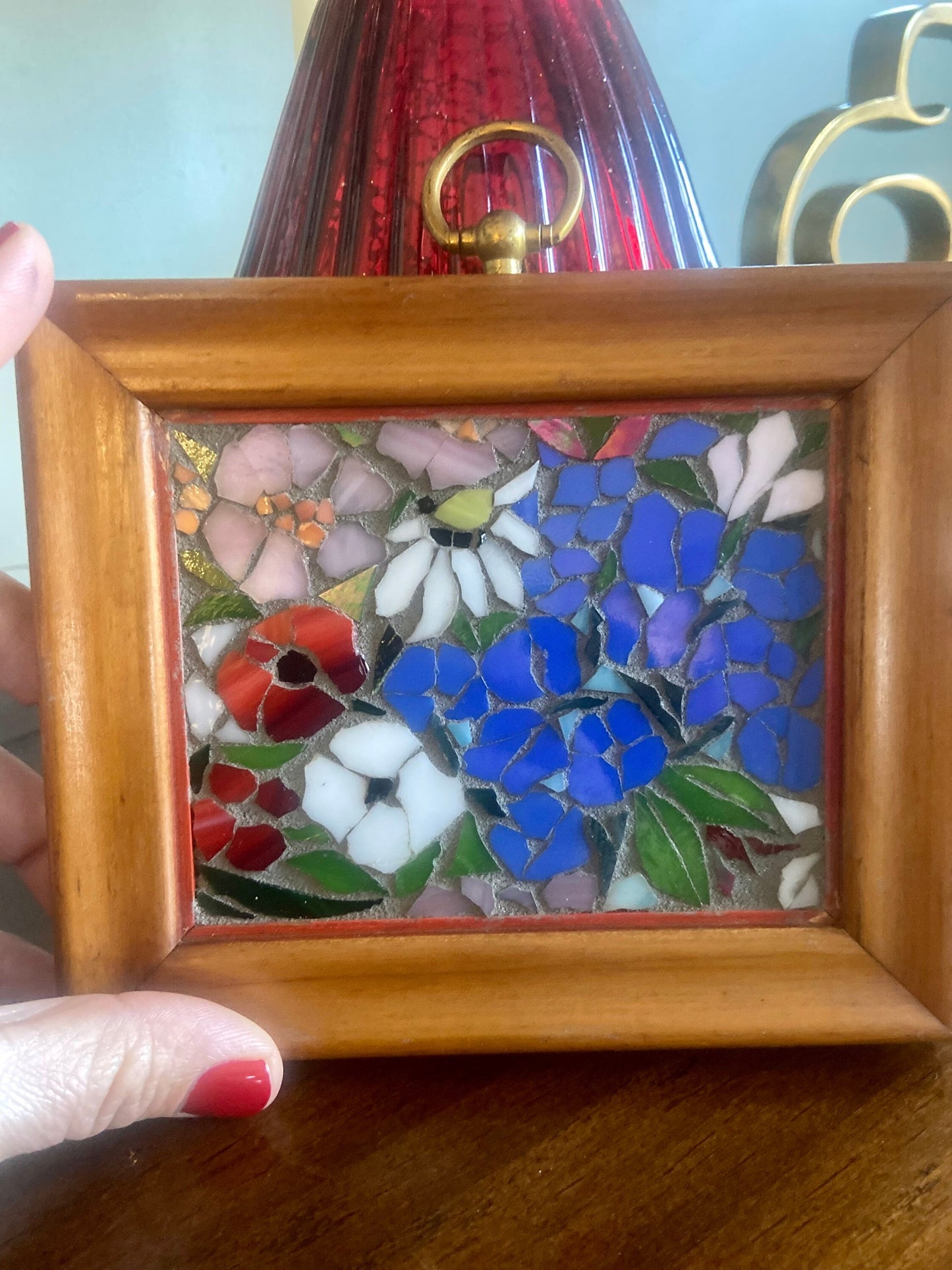 Small framed art. Stained glass mixed flower mosaic. Flower wall art. Hand cut glass and broken tesserae. Gift idea for a garden lover.