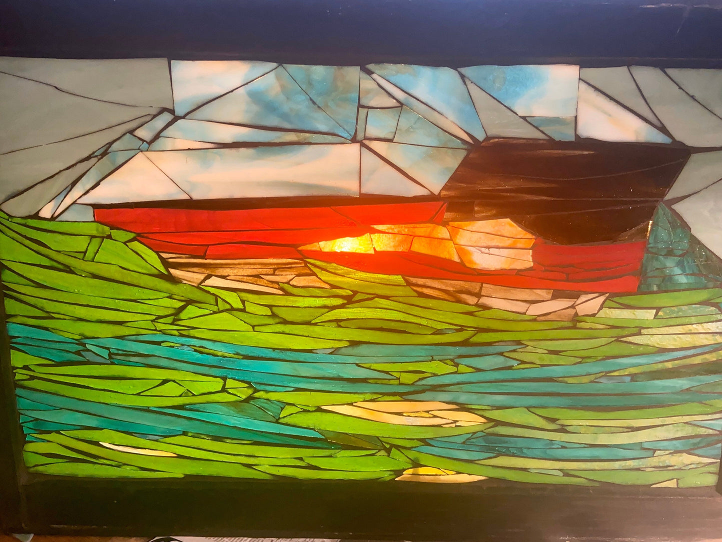 Steamer boat stained glass window. Framed mosaic hanging glass art. Large nautical wall panel. Gift idea for a boat lover.