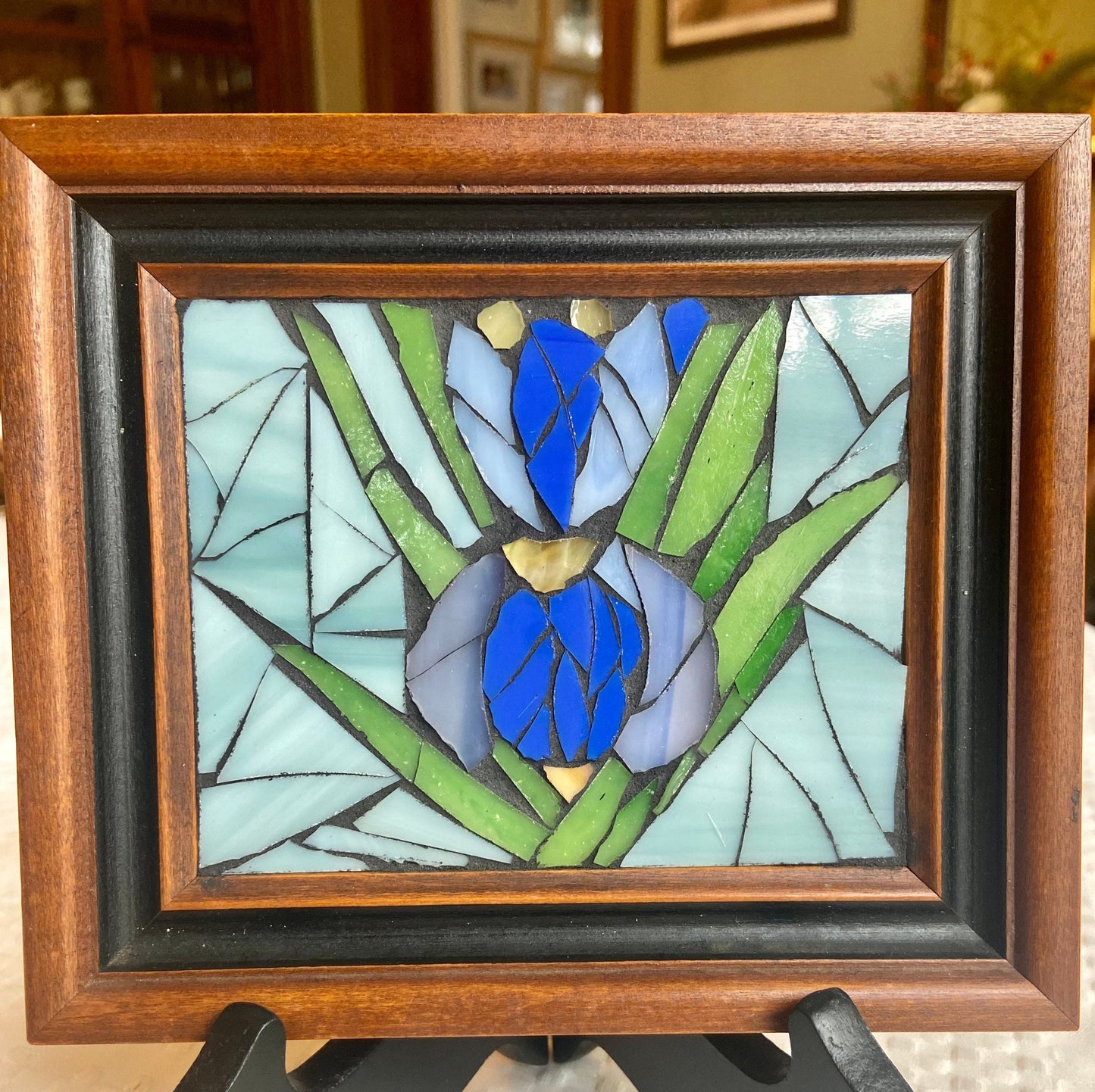 Small framed Iris mosaic. Stained glass flower. Antique frame. Flower wall art. Hand cut glass and tesserae. Gift idea for a garden lover.