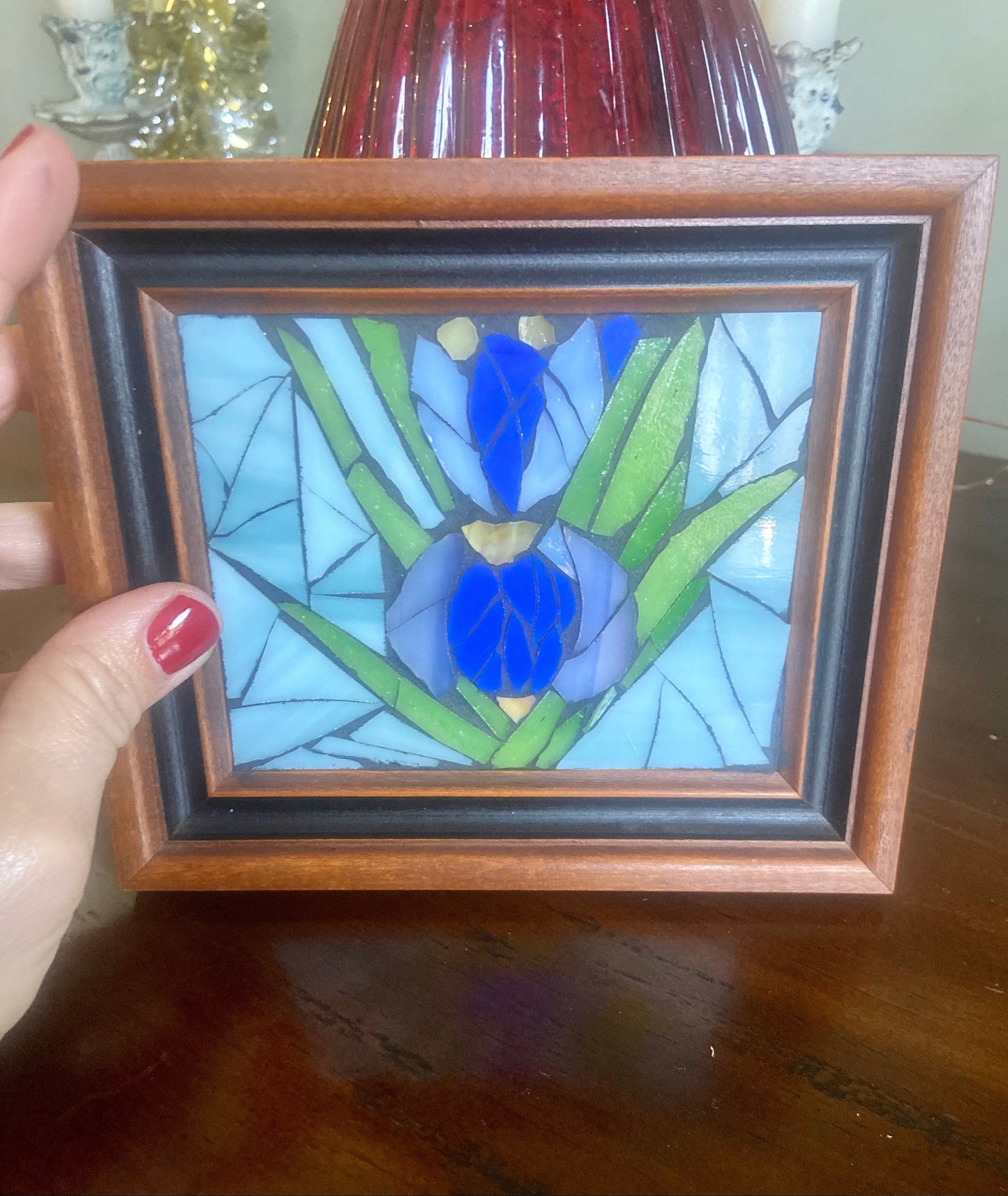 Small framed Iris mosaic. Stained glass flower. Antique frame. Flower wall art. Hand cut glass and tesserae. Gift idea for a garden lover.