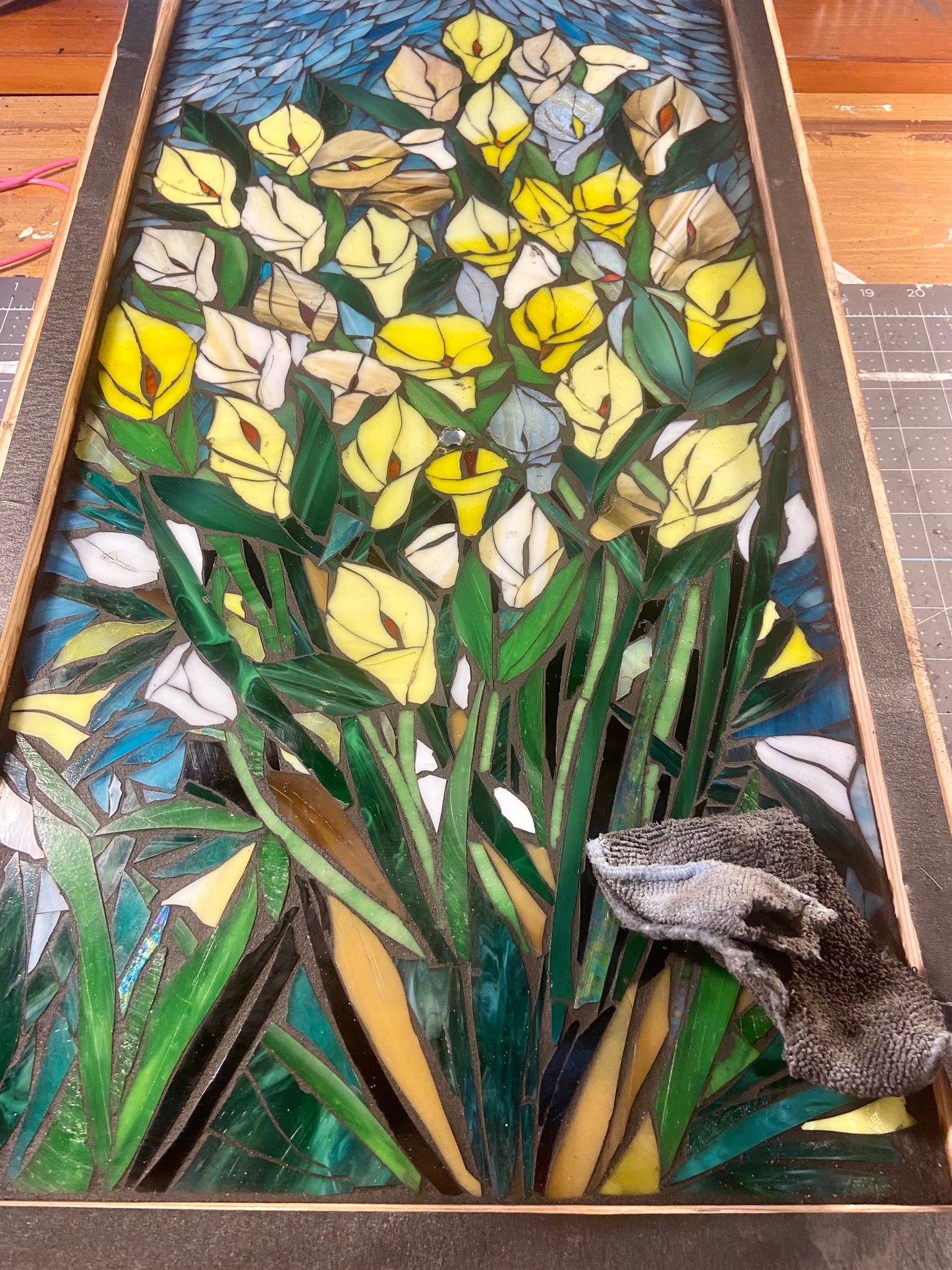 Calla Lily stained glass window. Framed hanging glass art. Large garden mosaic wall art. Gift idea for garden lover.
