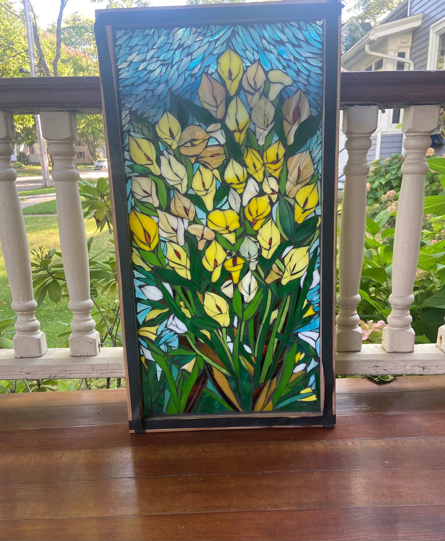 Calla Lily stained glass window. Framed hanging glass art. Large garden mosaic wall art. Gift idea for garden lover.