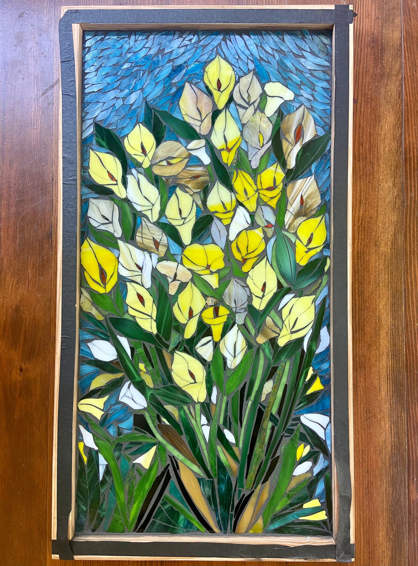 Calla Lily stained glass window. Framed hanging glass art. Large garden mosaic wall art. Gift idea for garden lover.