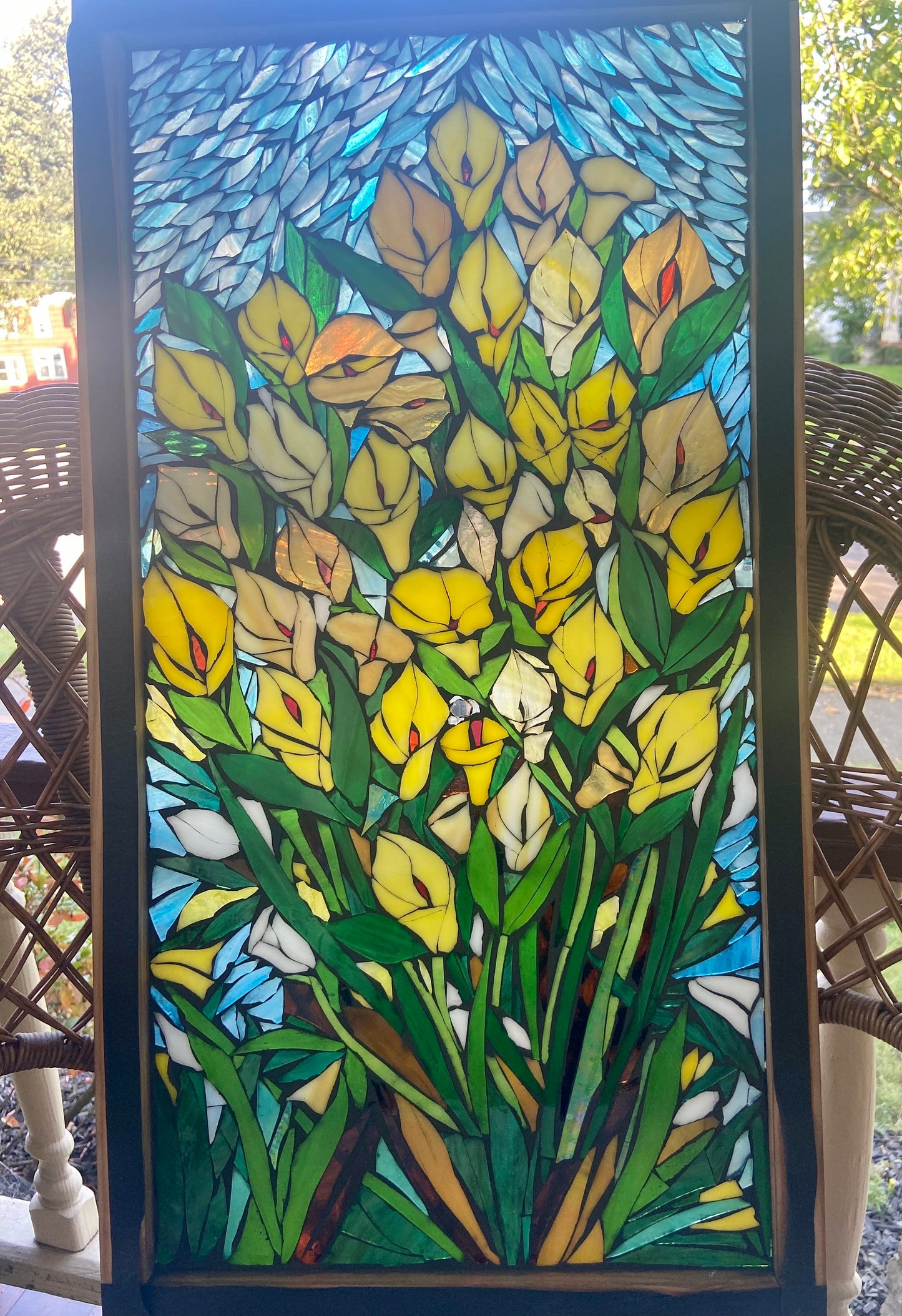 Calla Lily stained glass window. Framed hanging glass art. Large garden mosaic wall art. Gift idea for garden lover.