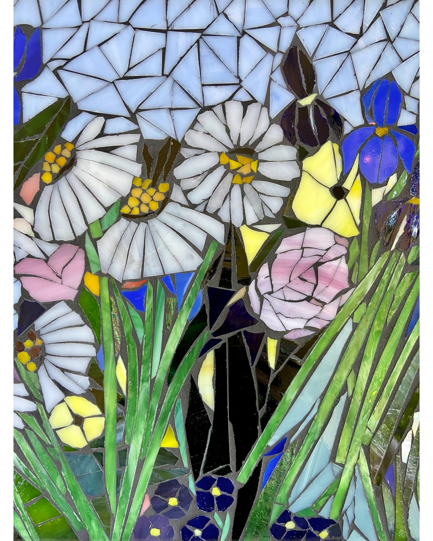 Mixed flower stained glass window. Framed hanging glass art. Large garden mosaic wall art. Gift idea botanical lover. No primary colors.